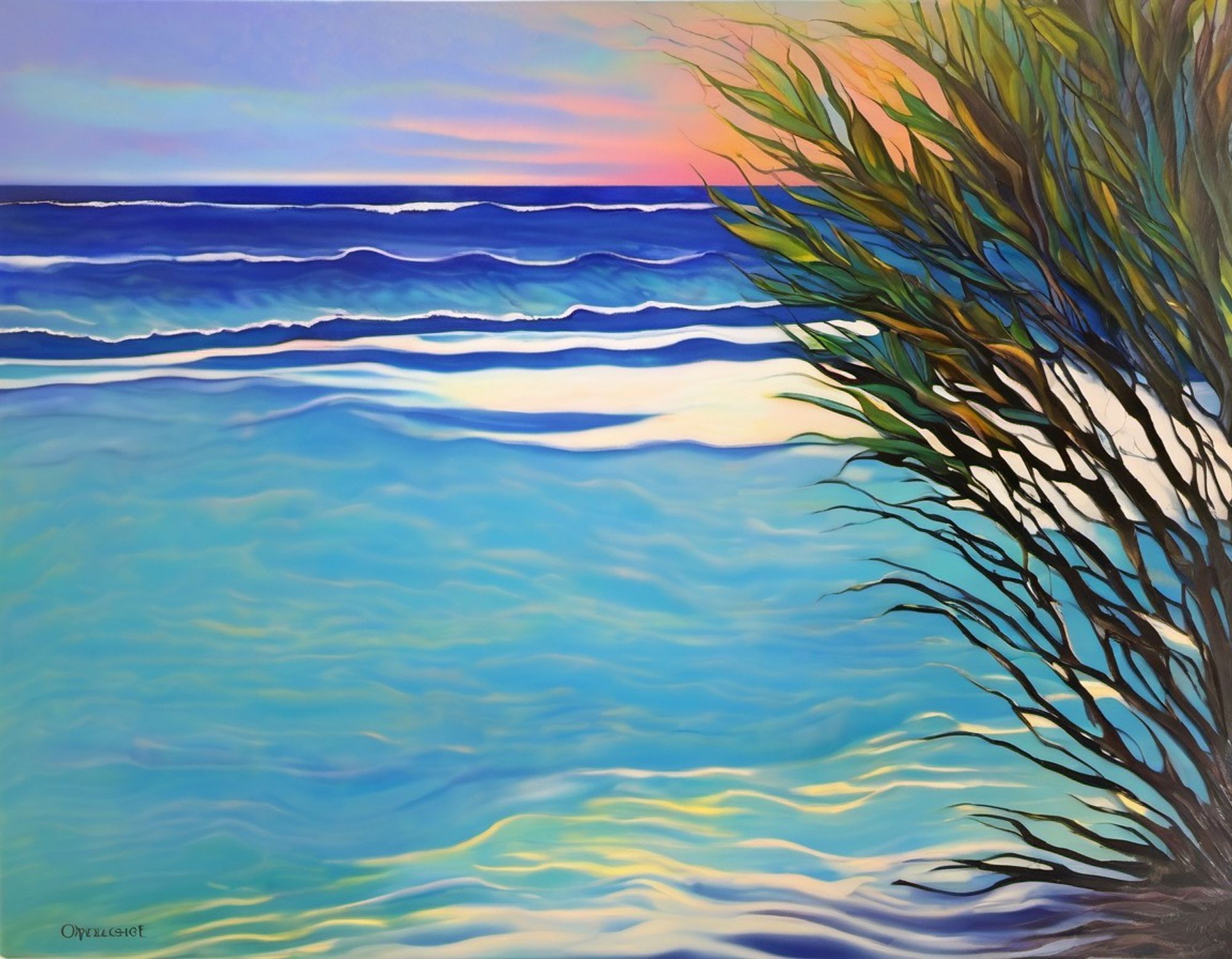 Dark blue and turquoise waves with a windswept shrub in the foreground under the spreading colors of sunset.