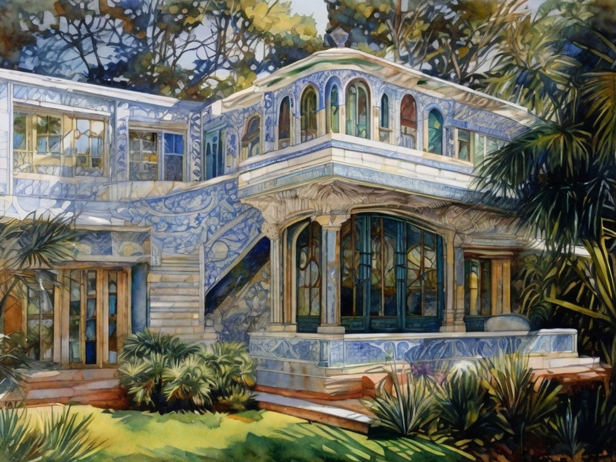 A secluded art museum surrounded by tropical plants, bathed in sunlight. Watercolor style.