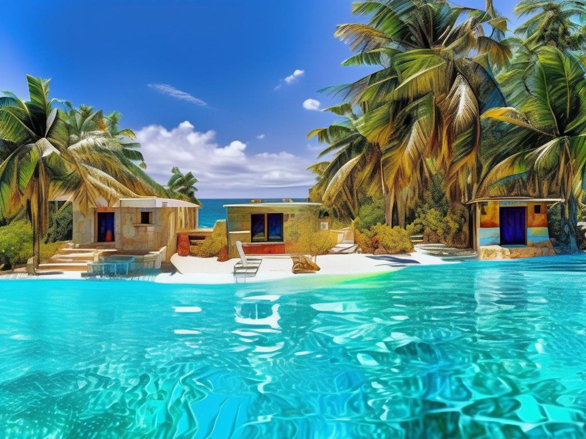 Tropical turquoise lagoon with with three square built stone bungalows with cool interiors, palm trees, and beach lounge furniture, on a sunny day, with an ocean backdrop.