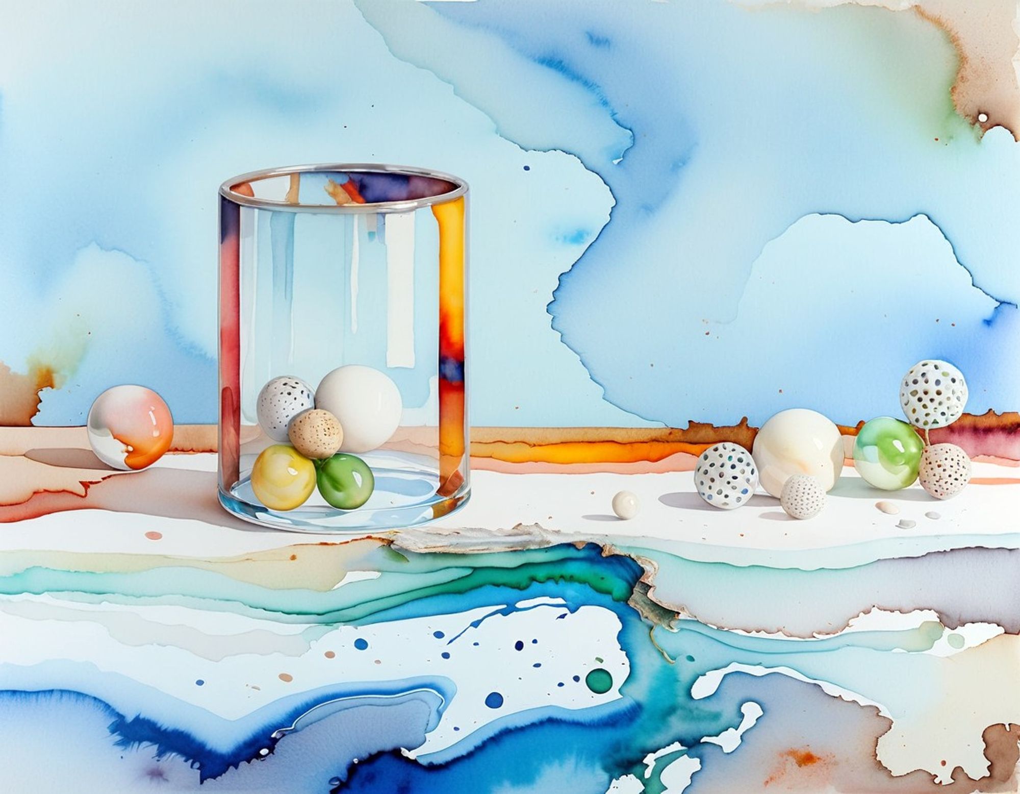 A teleportation device similar to a glass cylinder holds colorful incoming spheres against a futuristic background with pastel hues. A few other spheres rest nearby, suggesting a test of new technology.