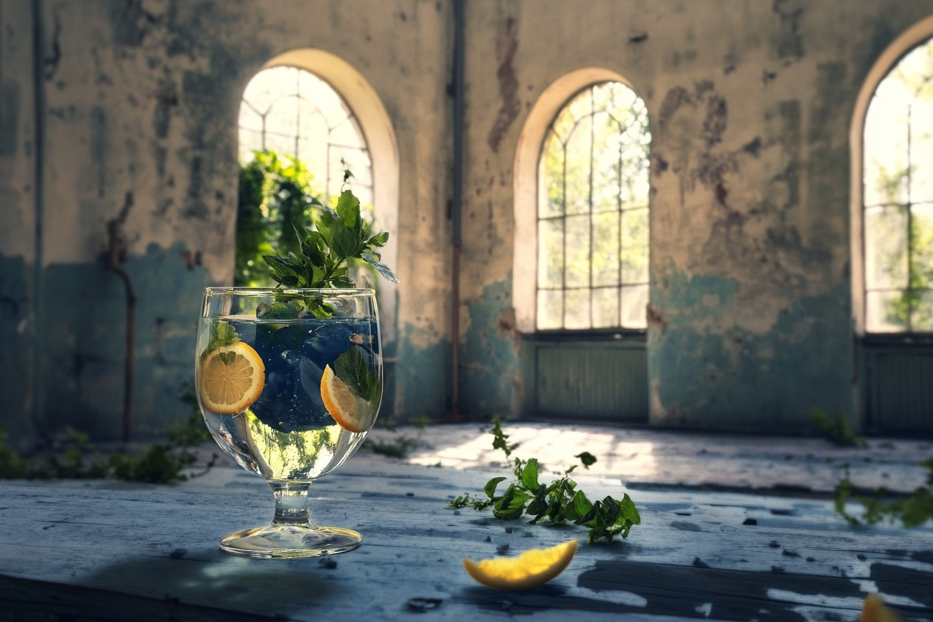 Close up of a clear cocktail garnished with lemons and herbs, on the floor of an abandoned industrial building with chipping paint and sunlight streaming through large arched windows.
