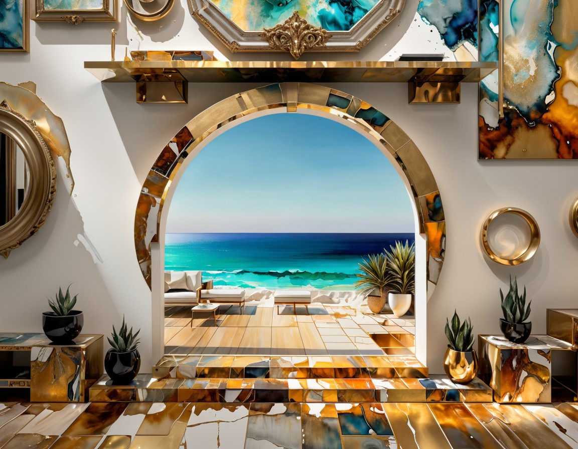 A view of a stunning beach, through a futuristic house with enigmatic bright brassy decor and glossy tiled floors.