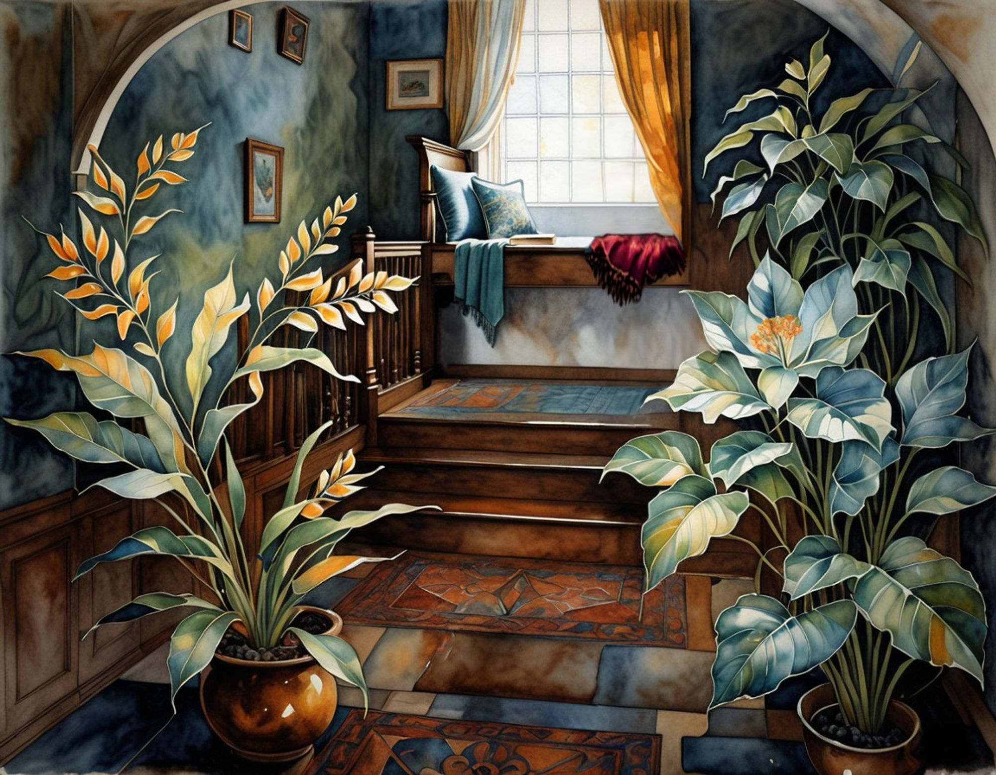 Darkish interior with large potted plants and expensive rugs frames an inviting  window seat, three steps higher, where a book rests by pillows and warm throws, with sunlight casting a gentle glow. Watercolor style.