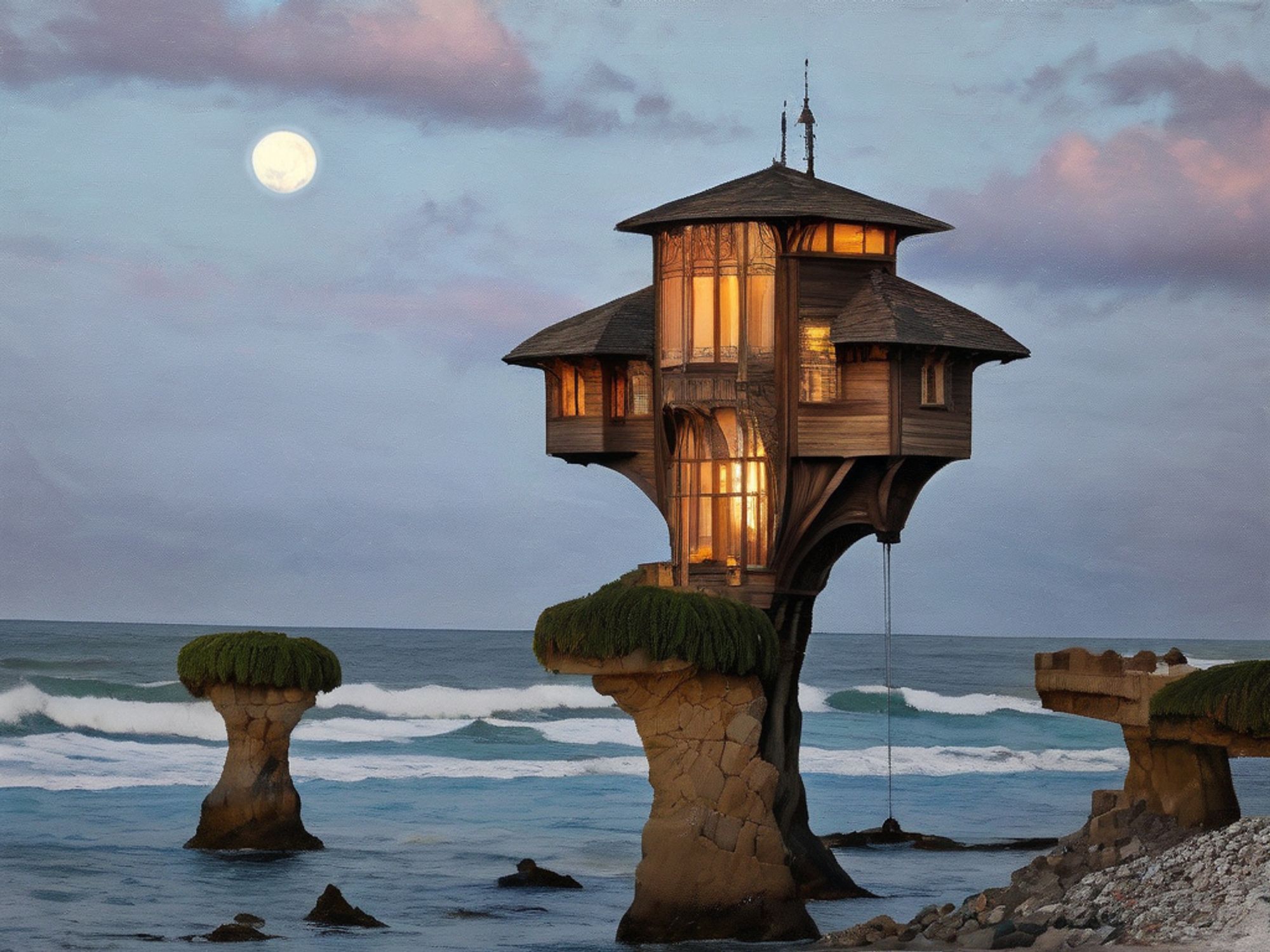 Unique shore house on a rock pillar above the waves, illuminated by a newly-risen full moon.