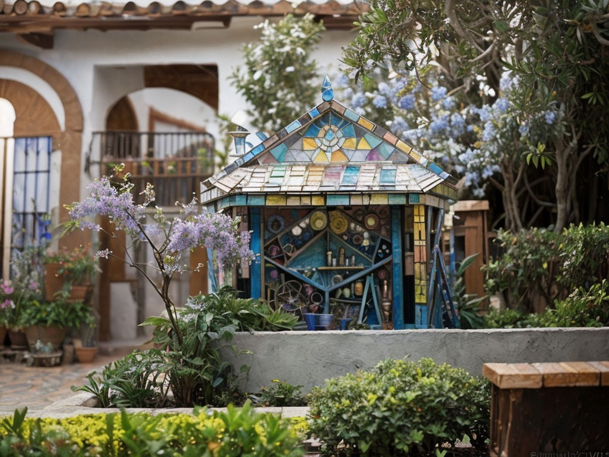 A small spell exchange full of magical materials, in the form of a quaint roadside stand style building covered with colorful large geometric mosaic tiles.