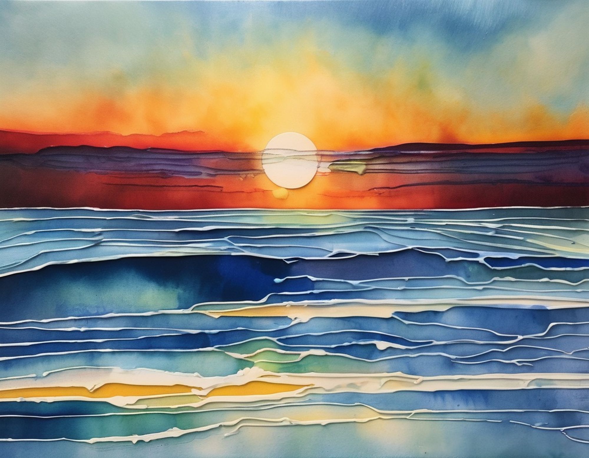 Abstract seascape with stylized ocean lines under a red sunset, warm colors, and cool shadows.