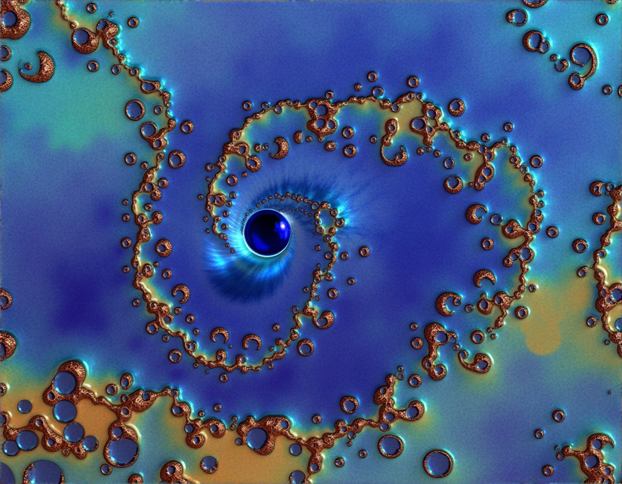 An abstract, symbolic, fractal depiction of a singluarity, with swirling metallic features, representing particles, falling towards a royal blue sphere symbolizing the event horizon, against a vivid blue background with a solarized style.