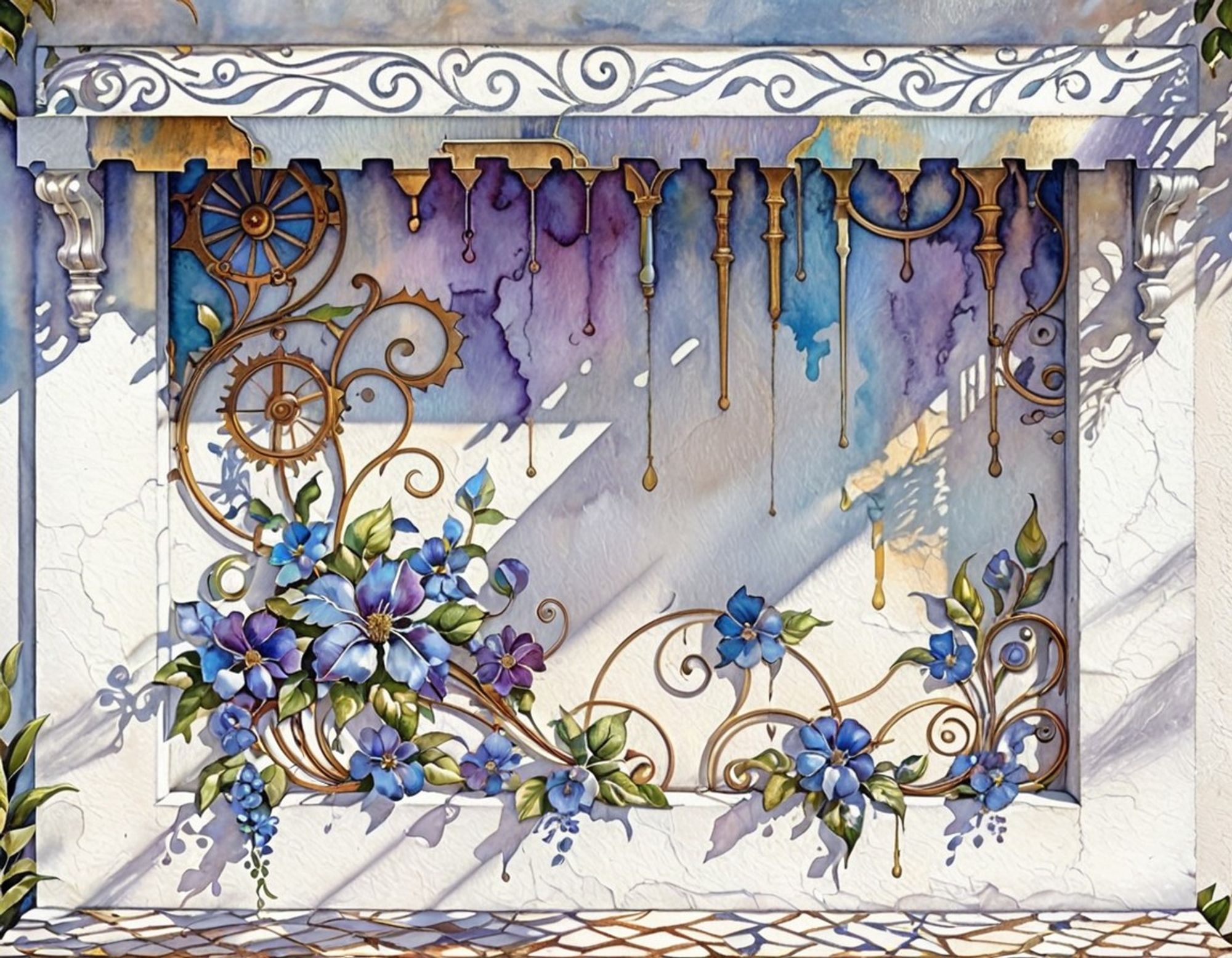 Trompe l'oeil mural creating an ornate canopy, tiled floor, gold metallic decorations and blue and purple flowers in a 3d style on a plain white wall.