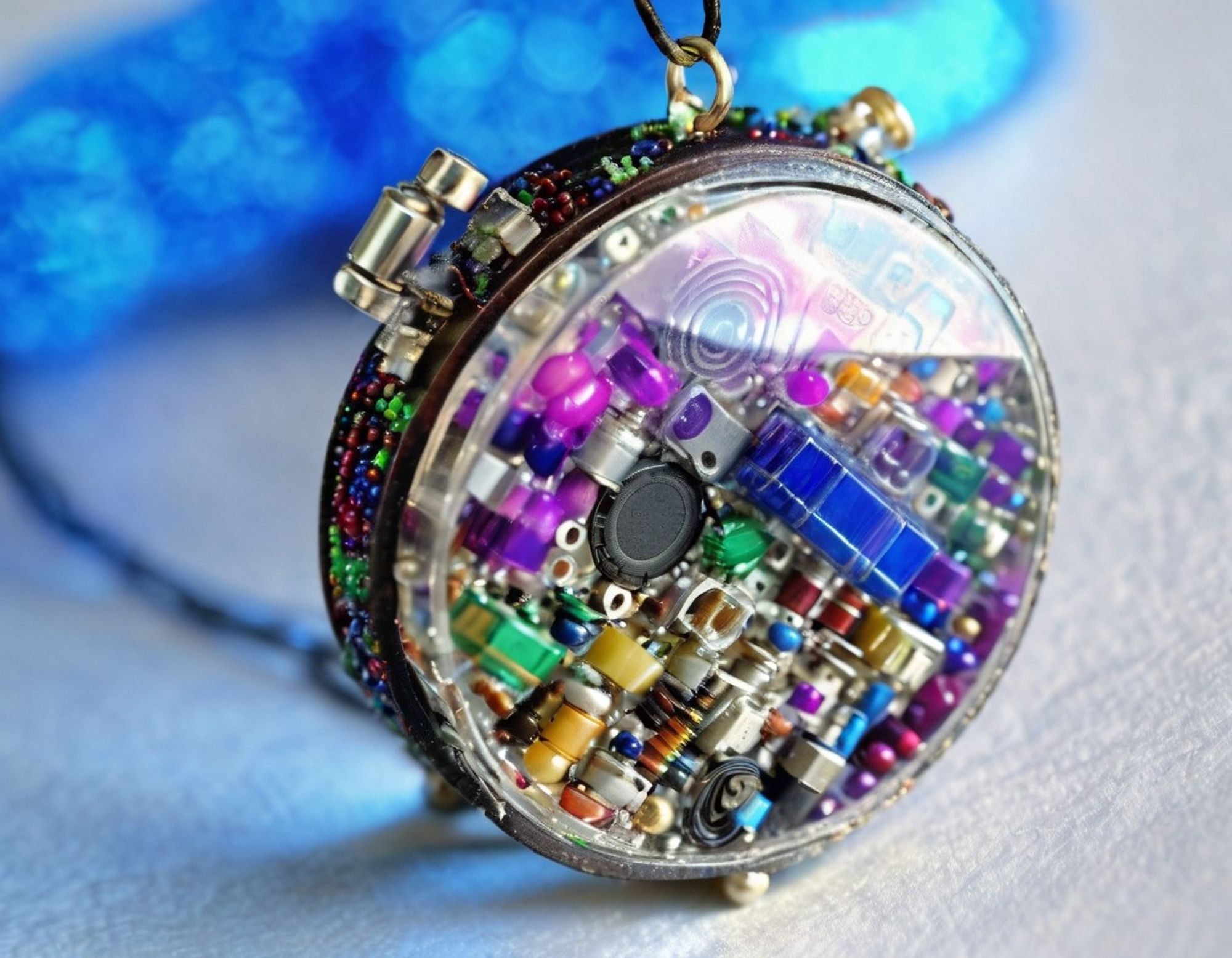 Close-up, intricate electronic pendant with colorful micro components, in transparent casing, futuristic design.