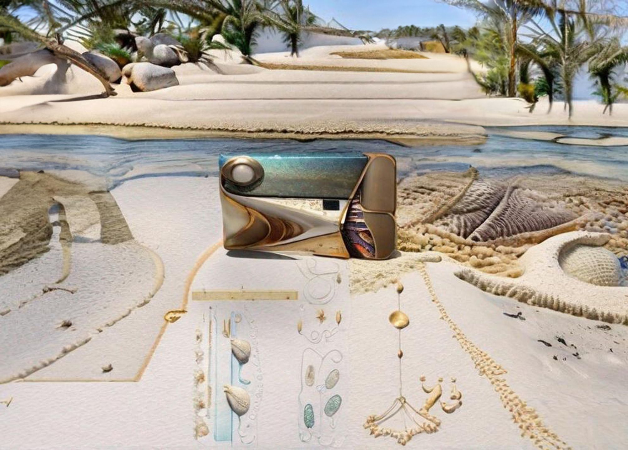 Box made of various smooth metals, on beach sand by a blue inlet, with shells, chains, and other small found items spread out around it. Summer mood.