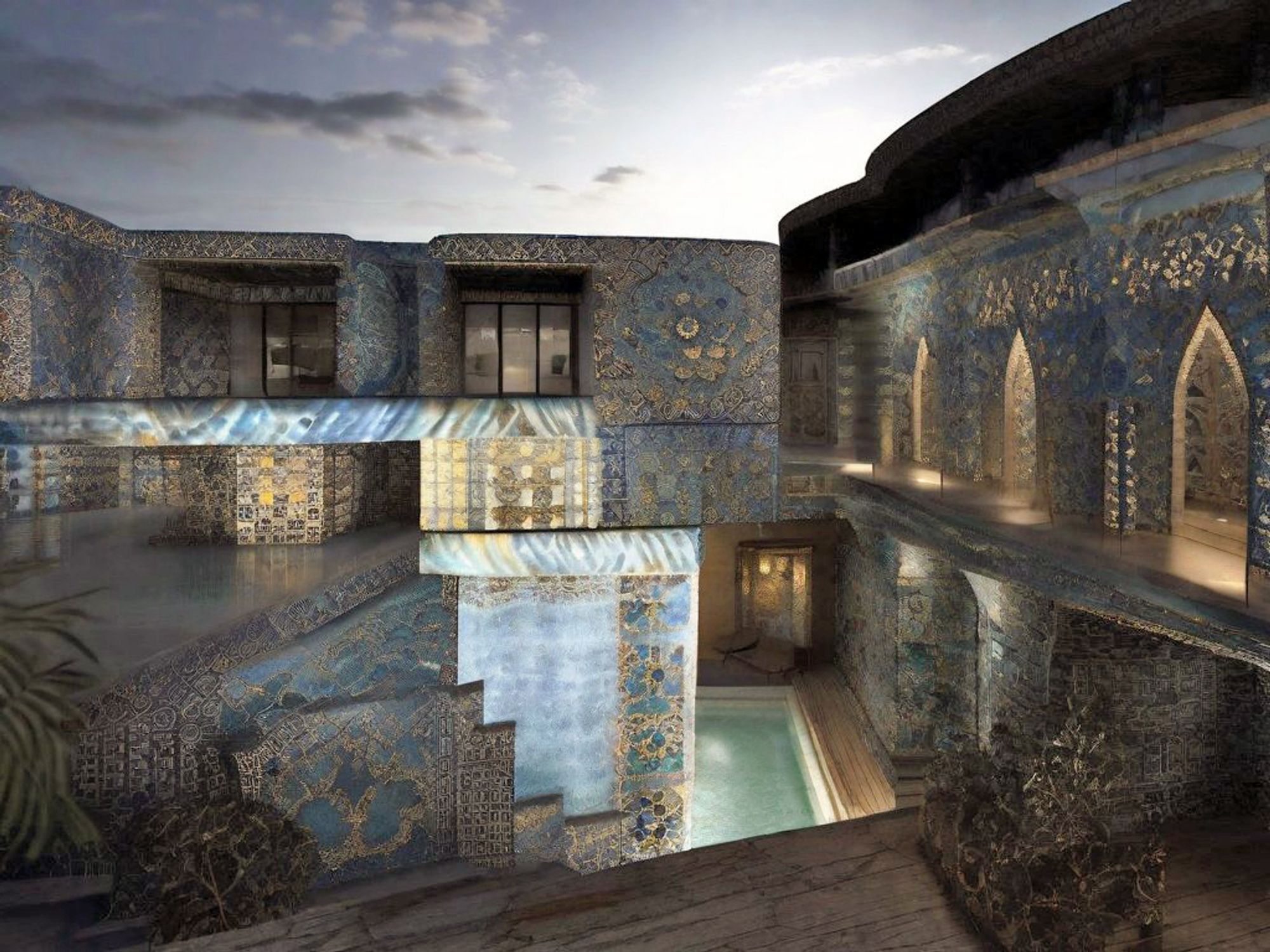 An expansive, dream inspired, blue and gold mosaic tiled courtyard with batik awnings, arched doorways, and reflected lighting, enclosing a warm pool pool in evening light.