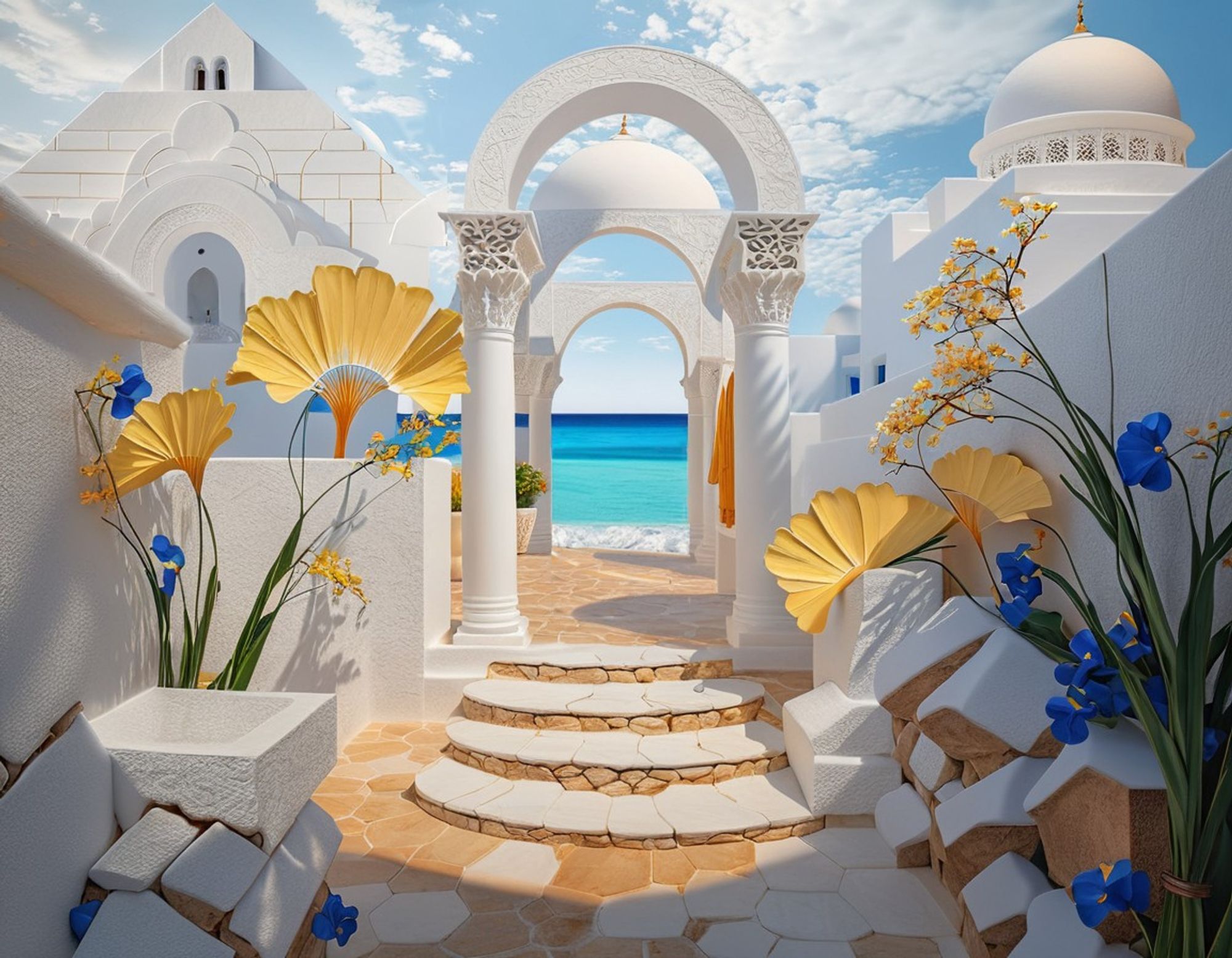 Alien architecture of white domes, arches, and pyramid frame unearthly turquoise waters. Exotic yellow and blue flowers grow profusely in the foreground.