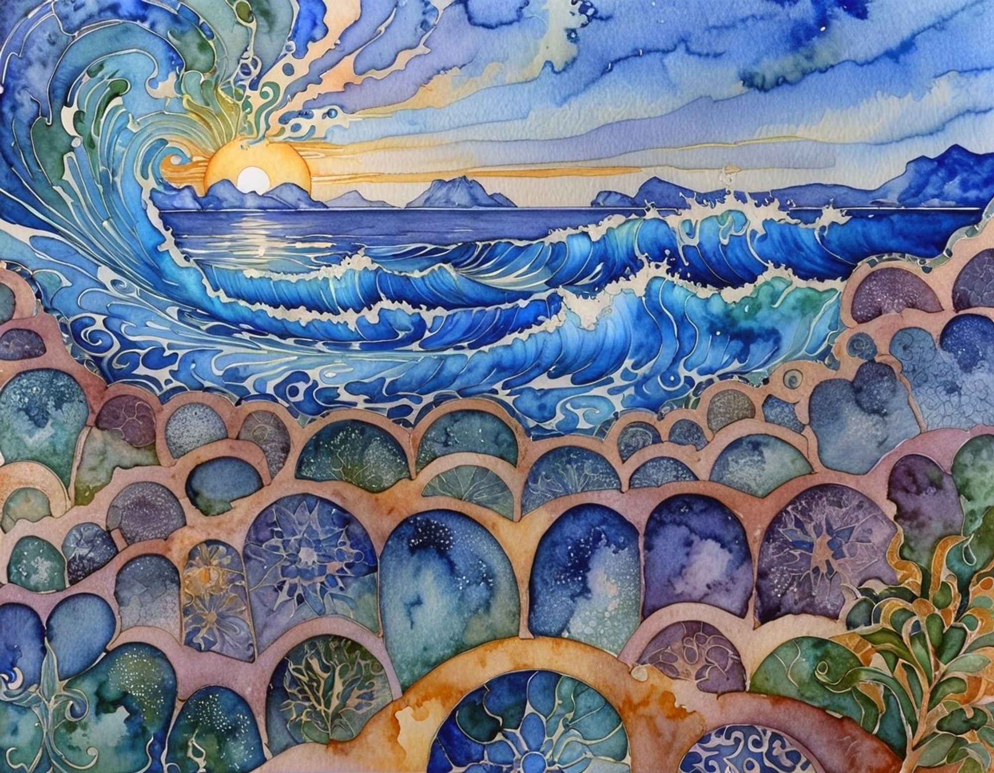 Sunrise over the ocean with vibrant waves and intricate patterns, with a colorful stylized garden in the foreground. Watercolor style.