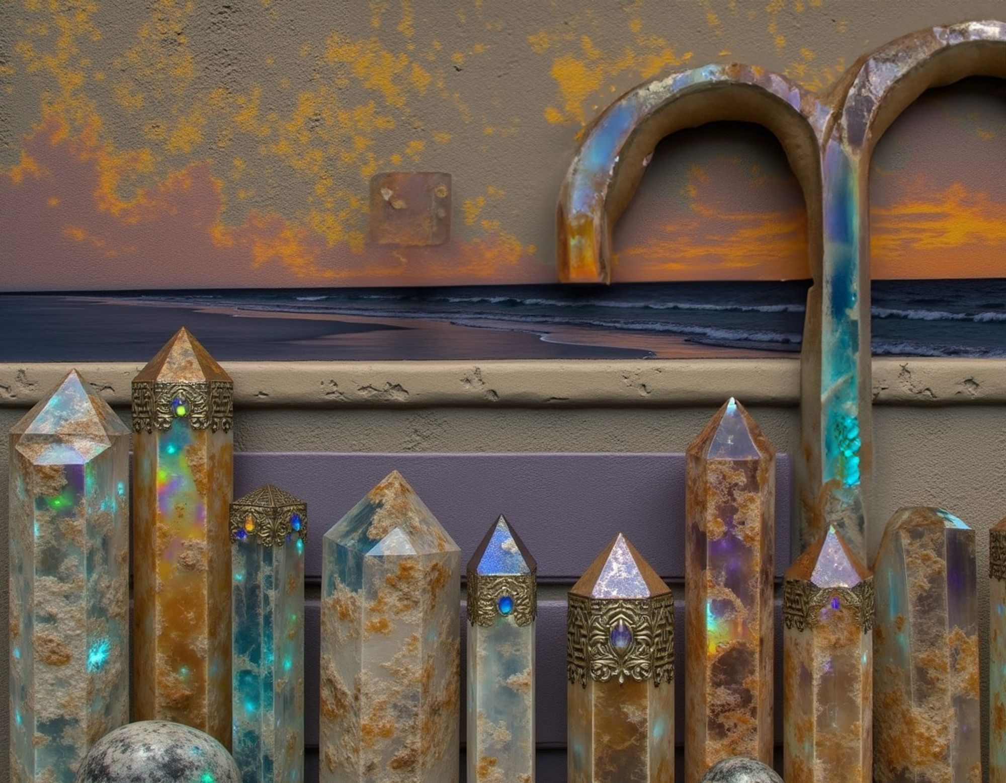 A row of rust- and patina-encrusted mystical crystals, with iridescent inner lights and some with gemstone and metallic embellishments, lined up against a rustic wall painted with a sunset over dark ocean waves rolling onto an evening beach.