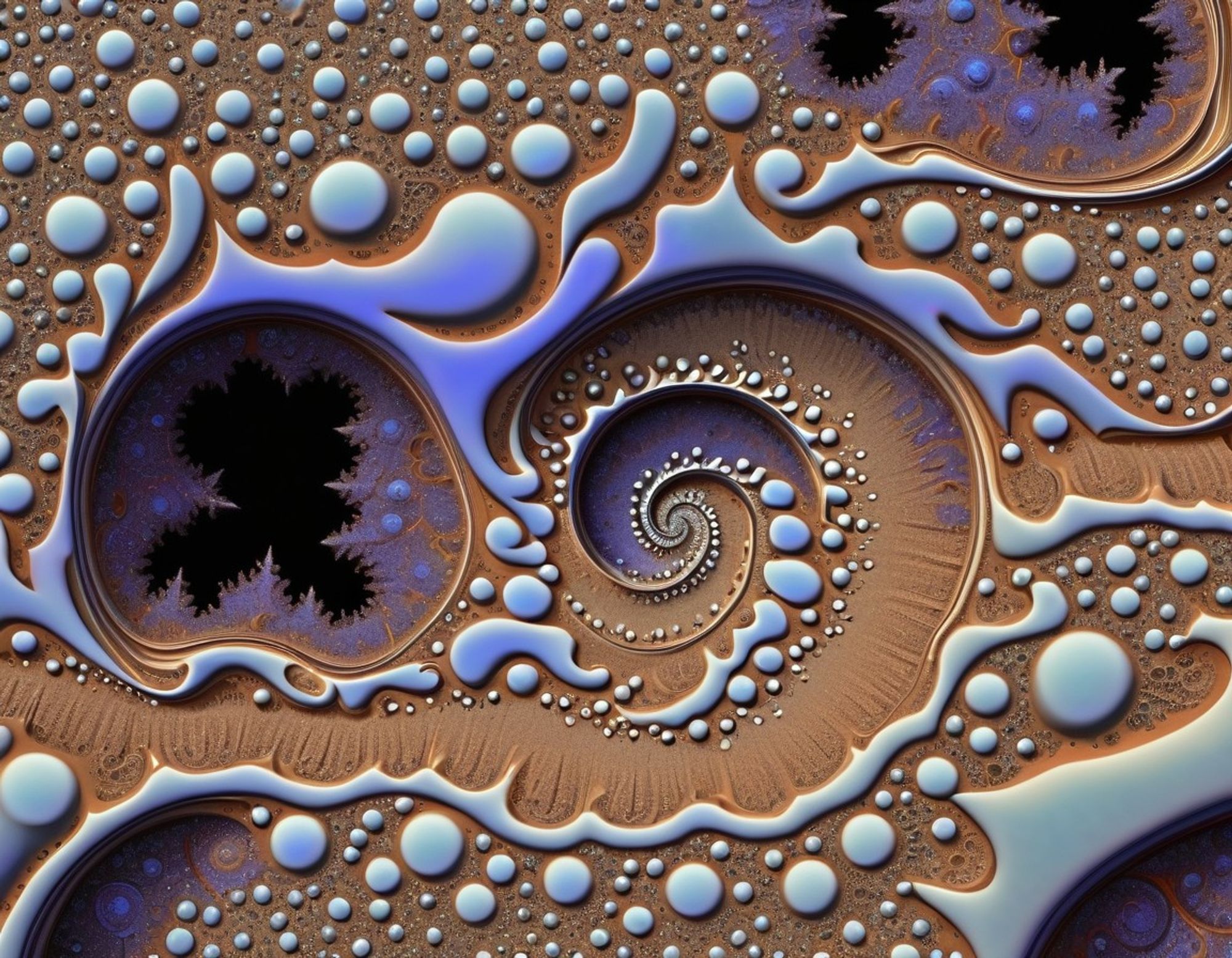 Fractal pattern with spiral designs and bubble textures, with organic shapes in earth tones with vibrant highlights. Abstract.