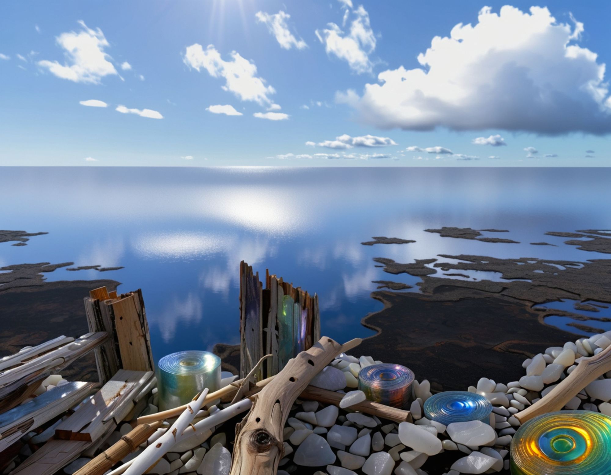 Futuristic building materials, weathered planks, and driftwood, all assembled on a rocky shore waiting to be made into a boardwalk, with a backdrop of calm sea, blue sky, and scattered clouds.