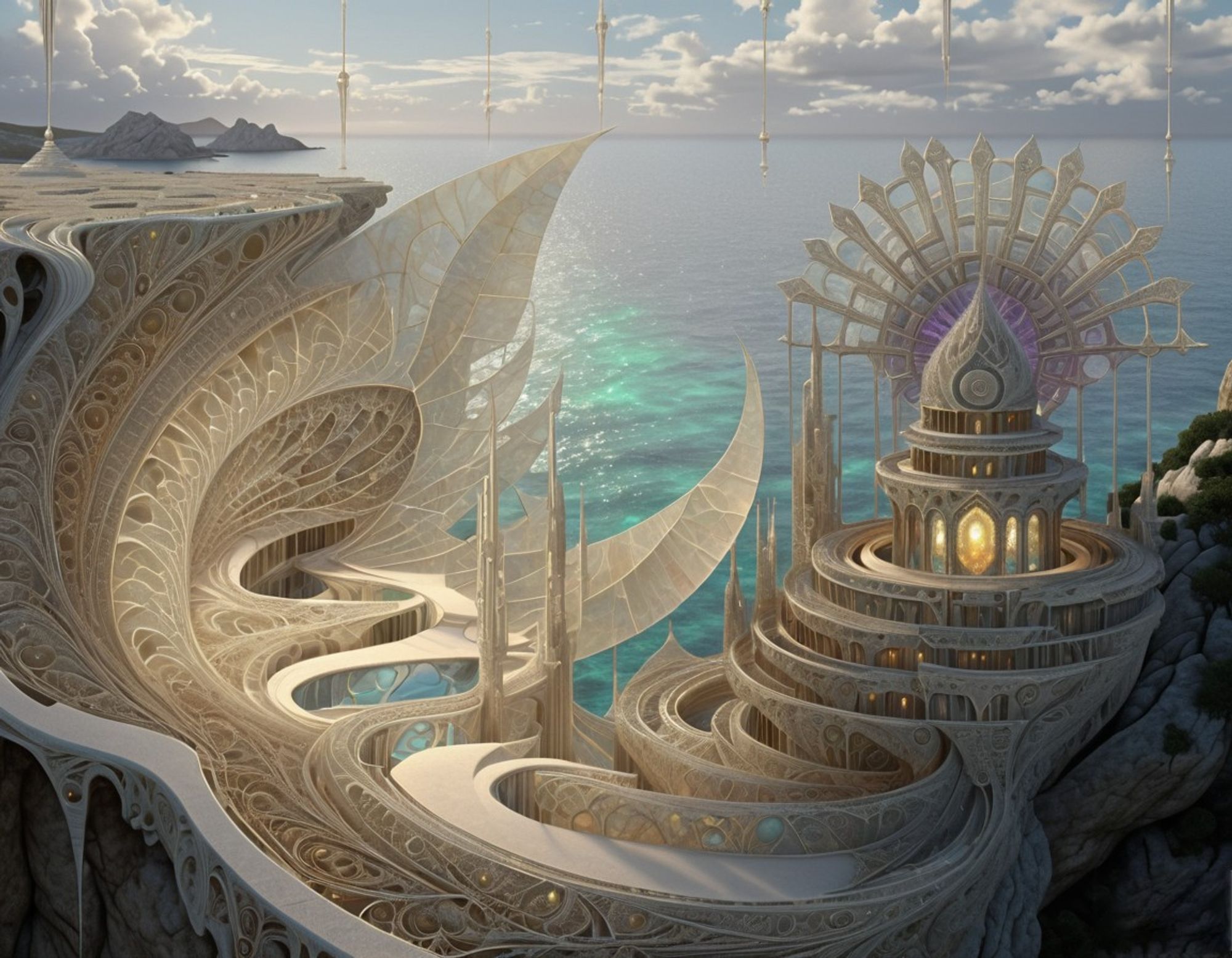 Futuristic elaborate ivory-colored architectural structure with fan shaped feature and round lit-up chanber, with message pods landing and taking off vertically, perched on a cliffside with a breathtaking ocean view.