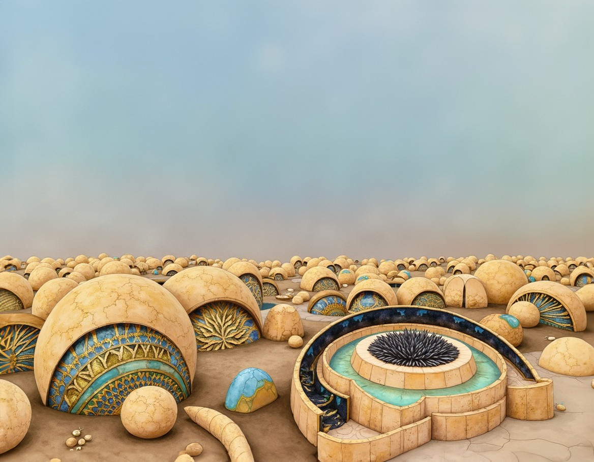 Desert landscape crowded with dome structures built from fitted stones, with half circle doors decorated with intricate mosaic designs,forming a clustered, surreal fantasy settlement with a wide open horizon.