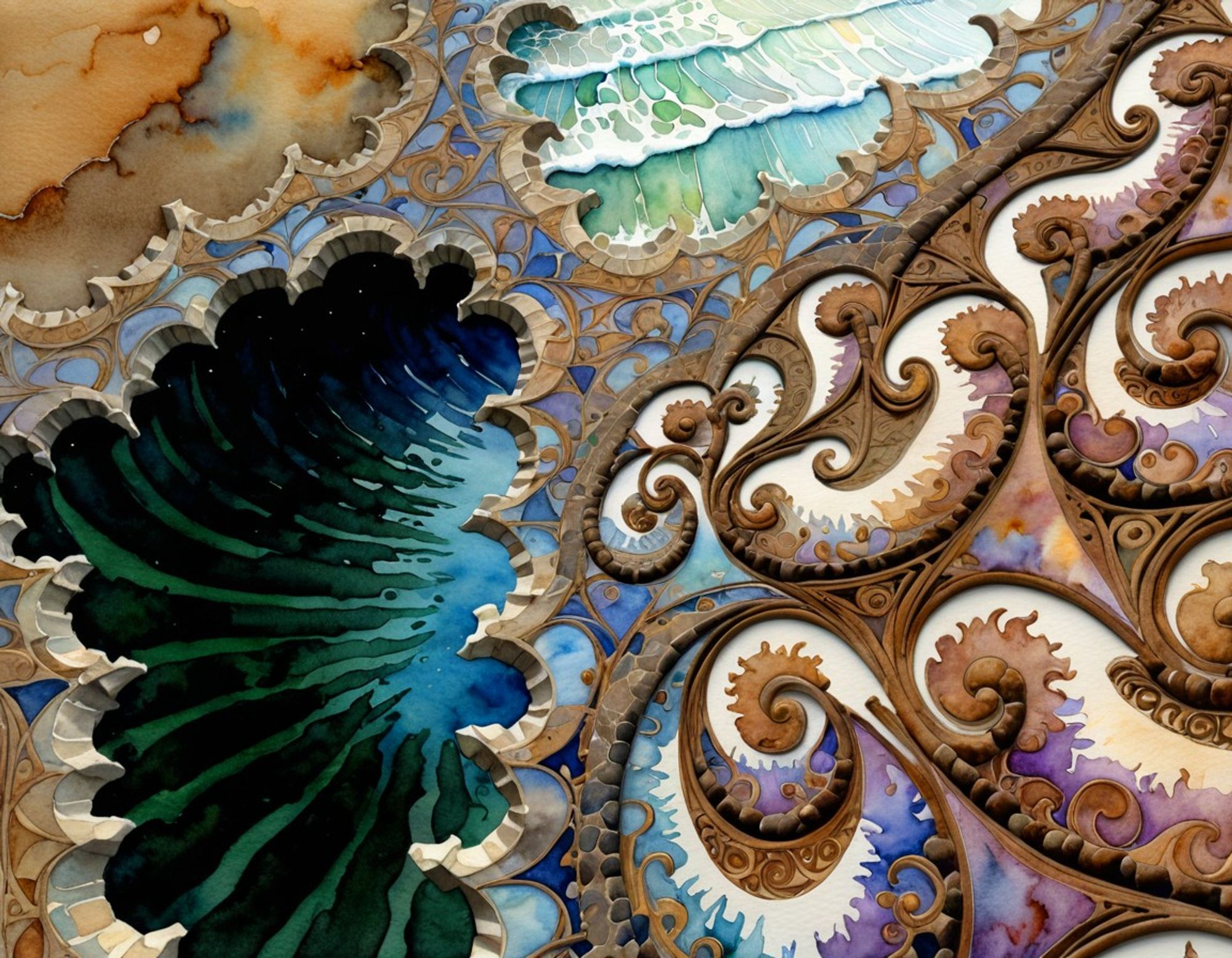 Aerial view of fantasy coastal landscape with layered waves, a deep teal-colored pool, and scalloped fractal stonework separating land and sea. Abstract. Watercolor style.