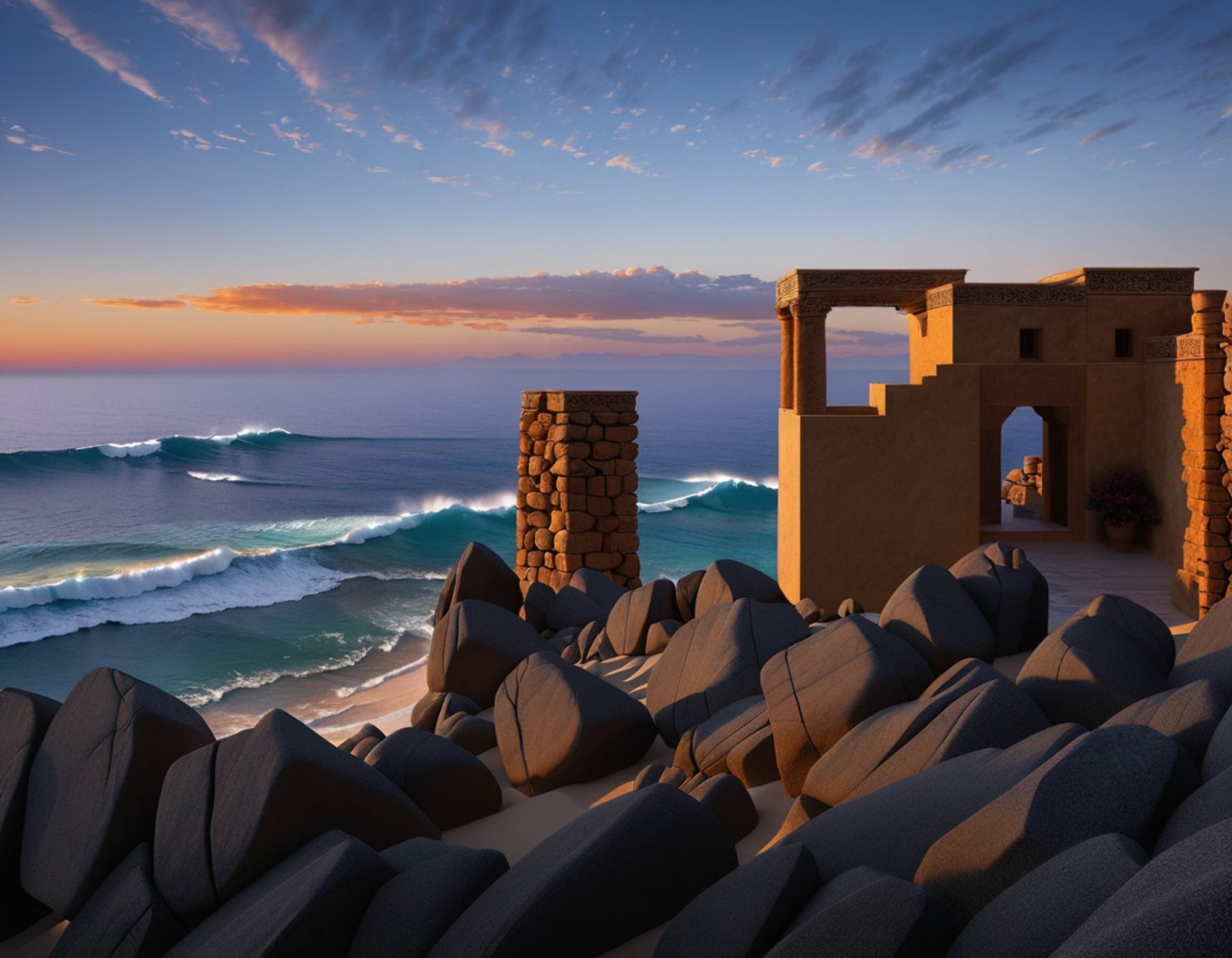 In a future world, ancient ruins with stone pillars and carved decorations, from our present time, stand on a rocky hill overlooking waves crashing on the beach below.