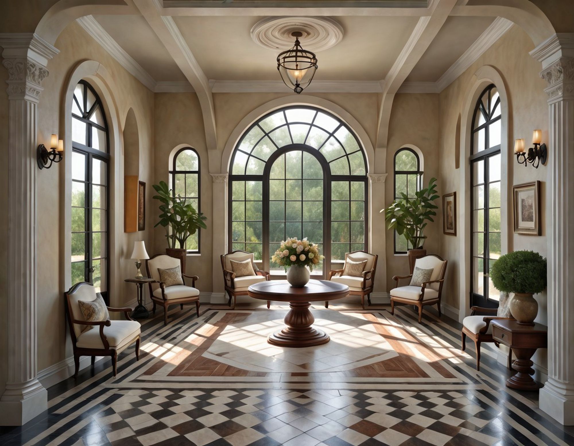 A sunlit room with arched windows and potted plants on a tiled floor. Six white-cushioned chairs line walls, and the round seance table in the middle of the room innocently holds a vase of flowers by day.