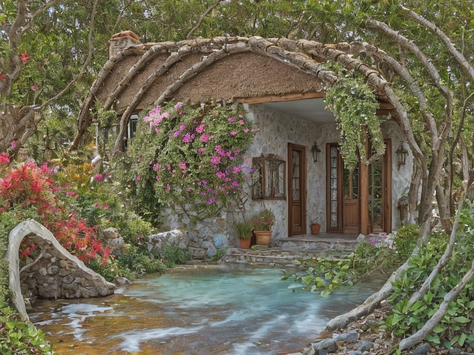 Close up, a whimsical stone cottage with blooming flowers, wrapped by thin spiral tree trunks and floral vines, with waves reaching the doorstep. From a distance, a concentric circles illusion.