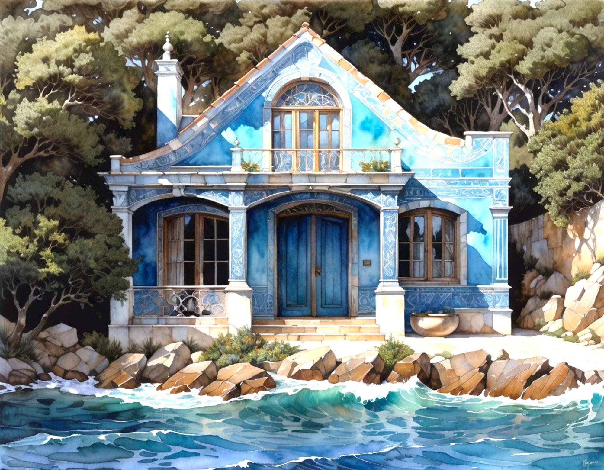 Blue cottage on a small area of sand at the edge of a dense forest, on a wave-washed rocky shore. Watercolor style.