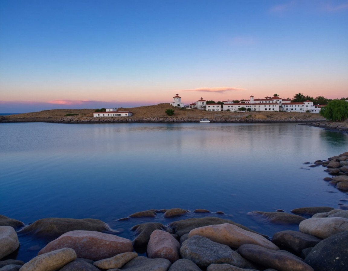 A coastal scene with calm waters, a rocky shoreline, and distant red-roofed white buildings and a lighthouse, under a soft evening sky.