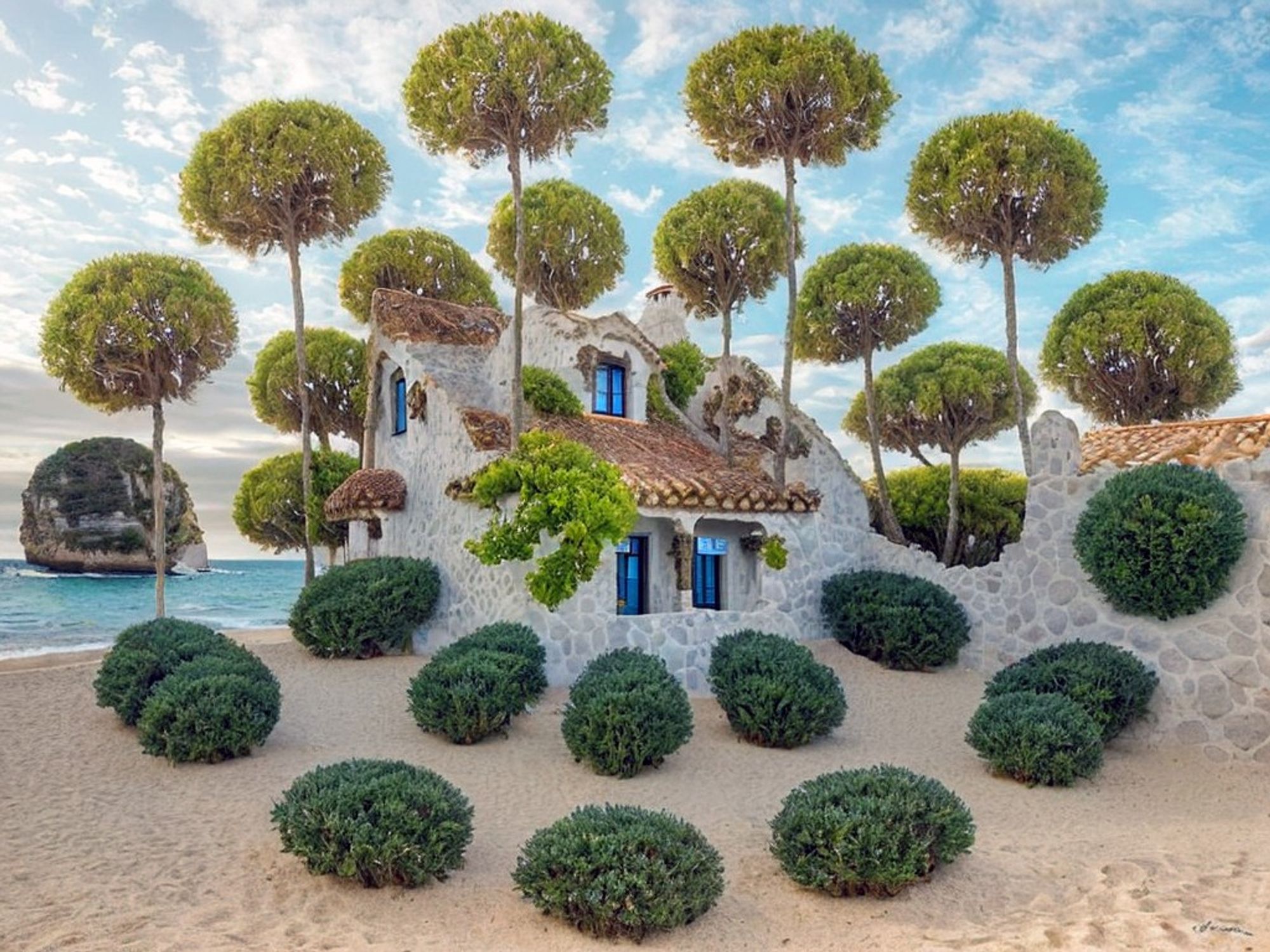 A surreal stone cottage on a sandy beach, surrounded by whimsical "pom pom" trees and round shrubs, with blue windows and an ocean view.