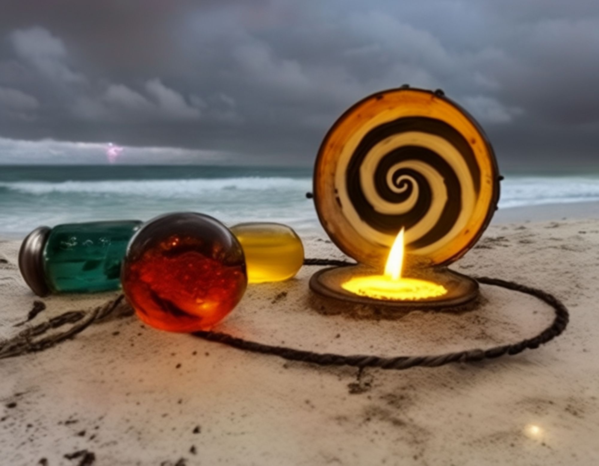 A wooden disk with a hypnotic spiral painted on it is set in the sand with a lit candle in front of it, a few glass magical objects nearby, against a backdrop of ocean and dramatic sky.