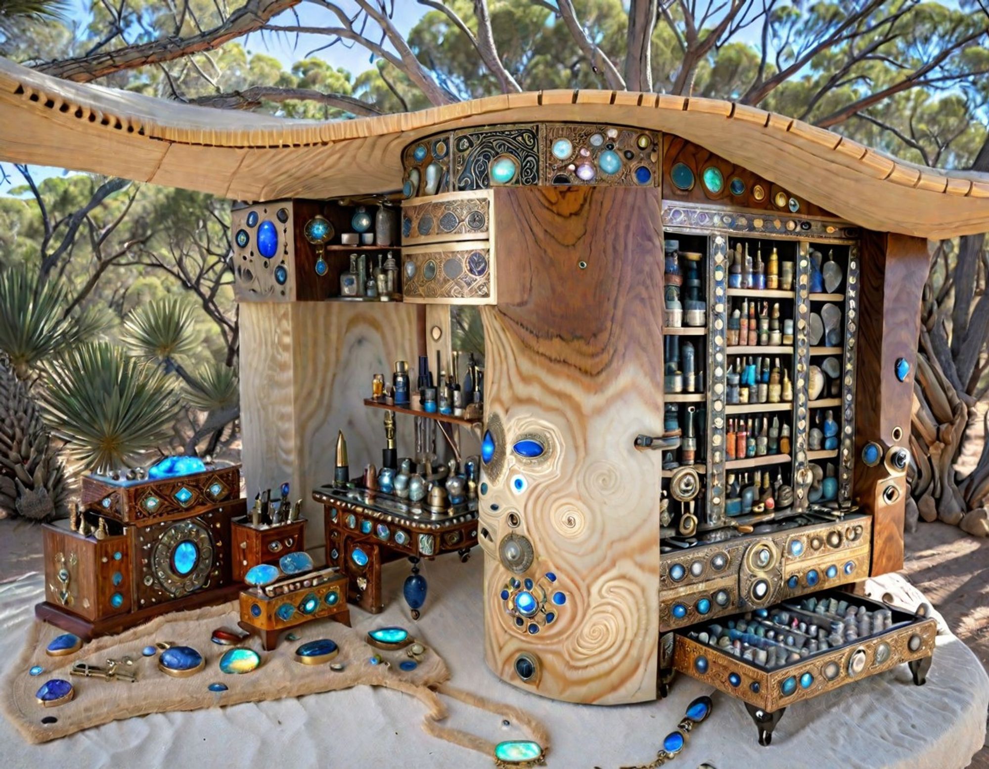 Fantastical traveling potion show with intricately crafted cabinets, beautiful potion bottles, and magical items, set up in a woody area at the edge of a beach.