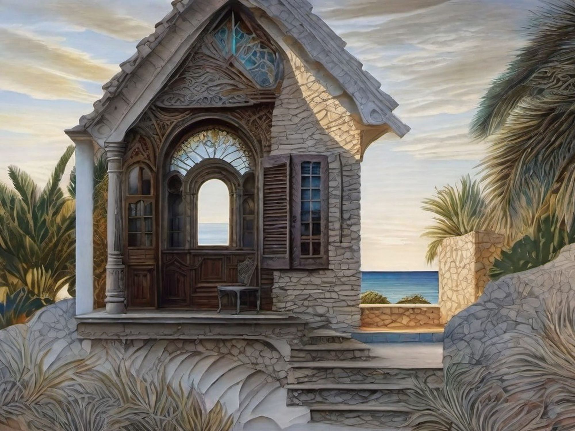 A quaint house with an arched window gateway to another world, among greenery, by the sea.