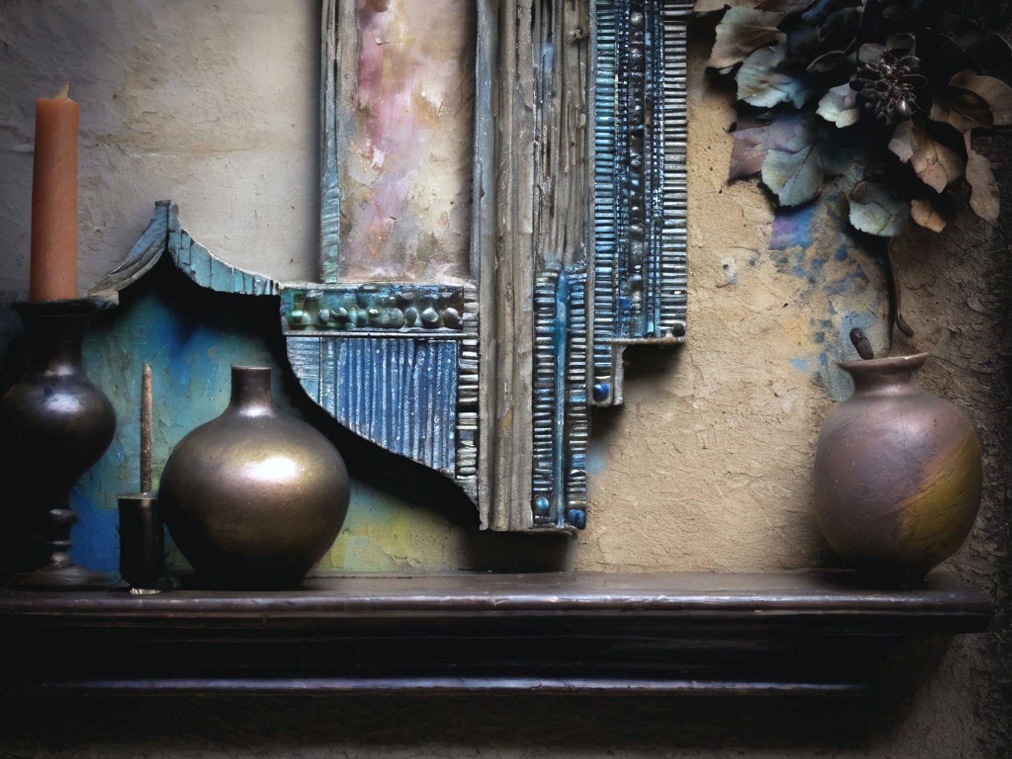 Antique shelf with vintage vases and rustic decor, with a large dried flower wall ornament, weathered paint, and intricate wood wall design with patina textures.