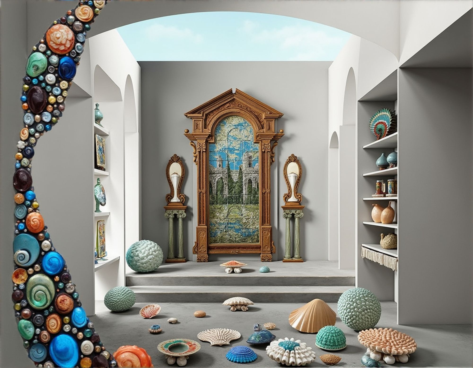 A surreal and eclectic gallery space featuring an array of colorful seashells, ceramics, and sculptural elements arranged on shelves and in a whimsical display, and an intricate mosaic mural in an ornate wooden frame.