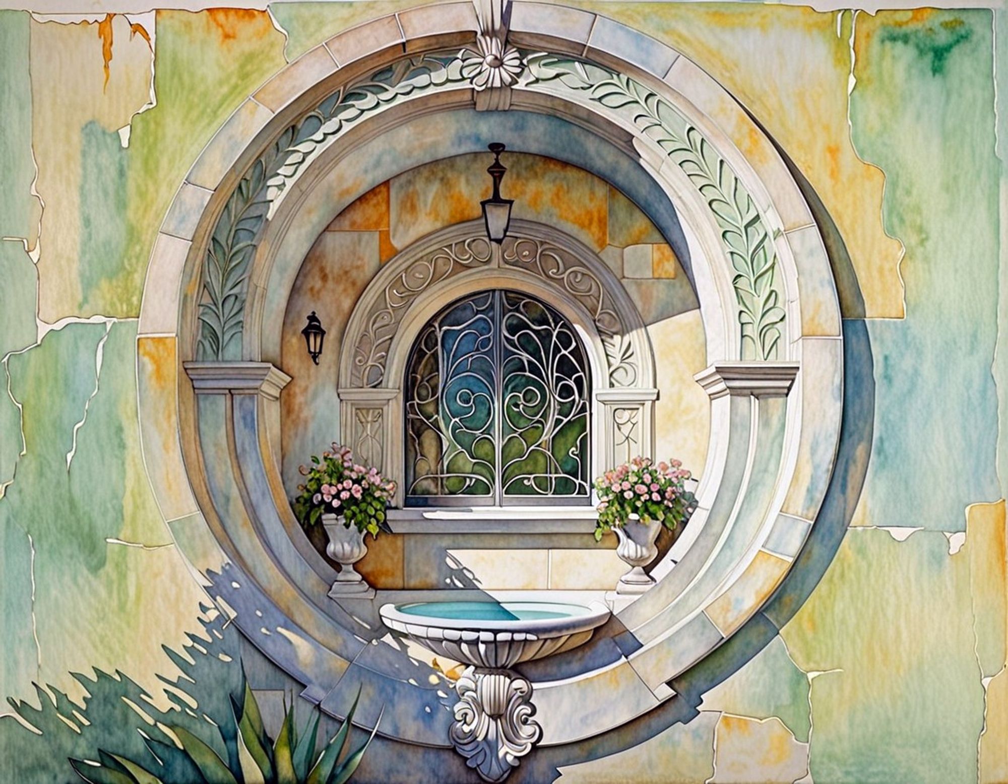 Ornate arched window in a circular recessed niche in a weathered stone wall, with intricate carvings, potted plants, and a bird bath in plain sight. Watercolor style.