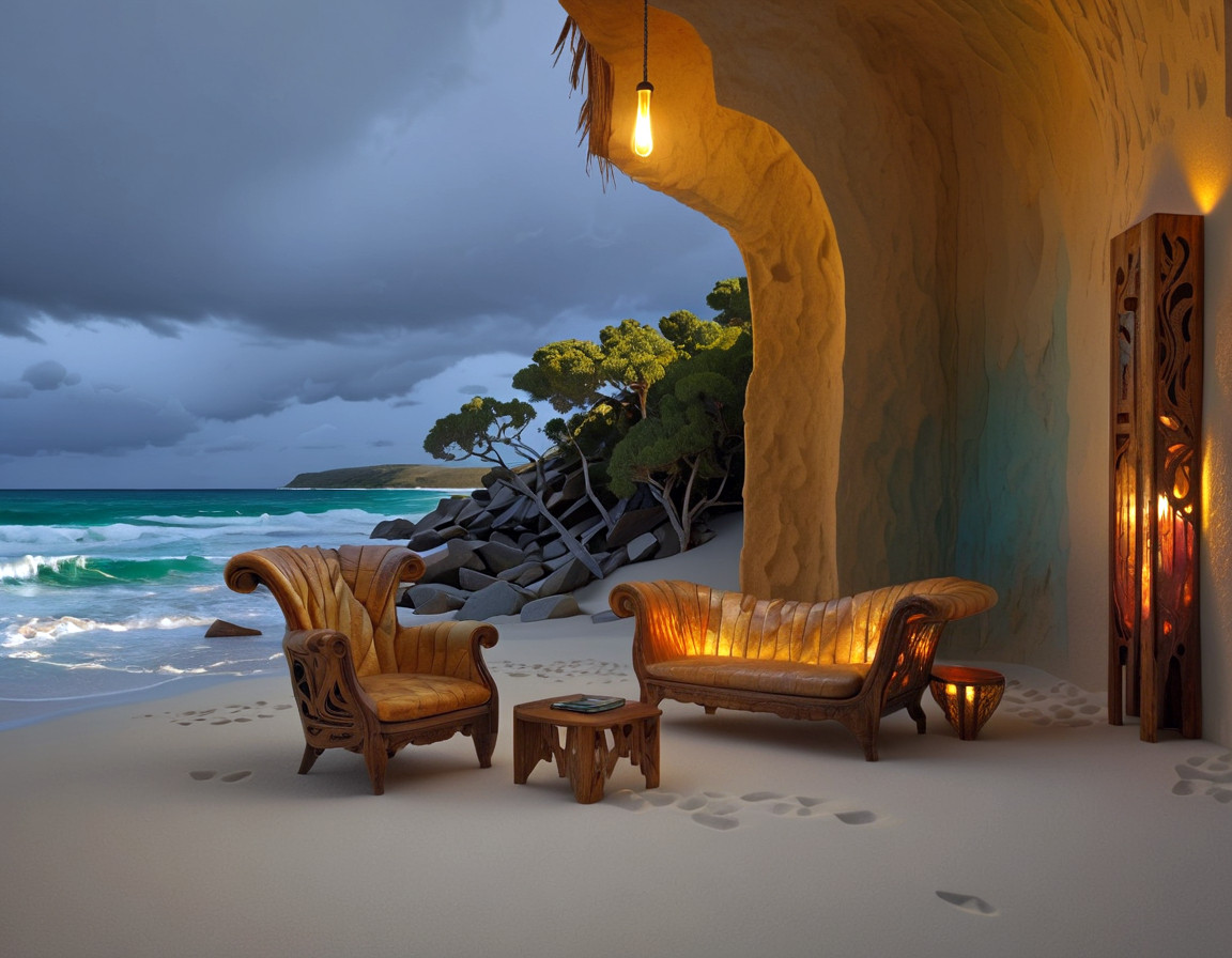 A stone building on a sandy beach at evening, with cozy heated outdoor furniture, under a stormy sky.