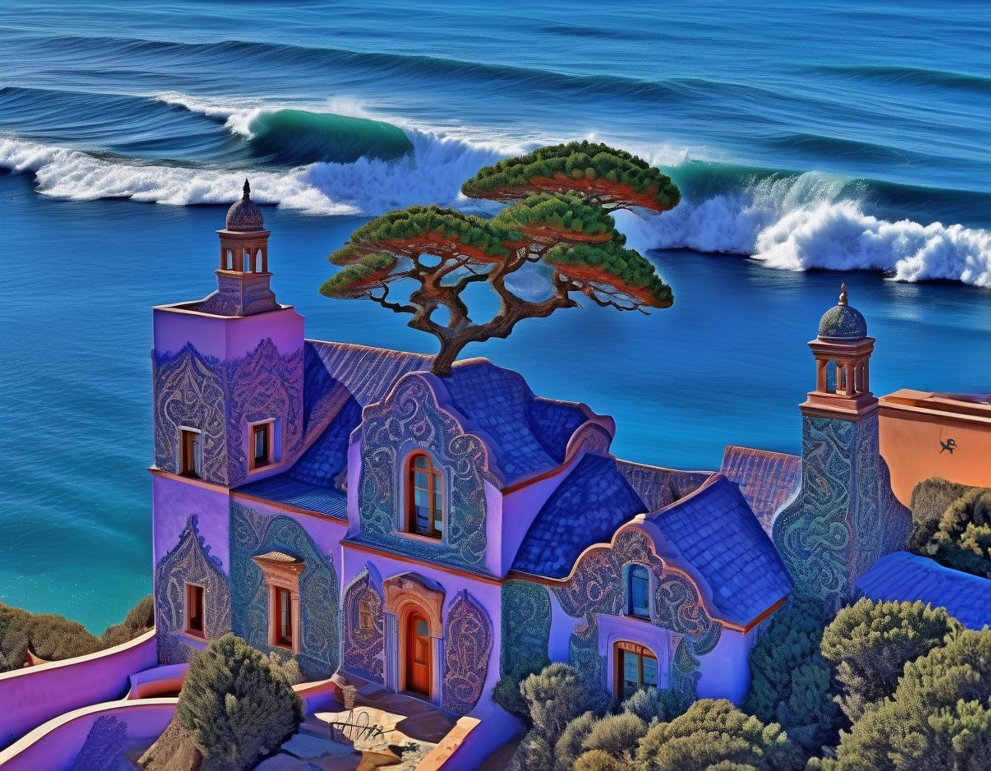 A purple house by the sea with intricate frescoes, two bell towers, and a unique tree growing from the roof, and ocean surf in the background.