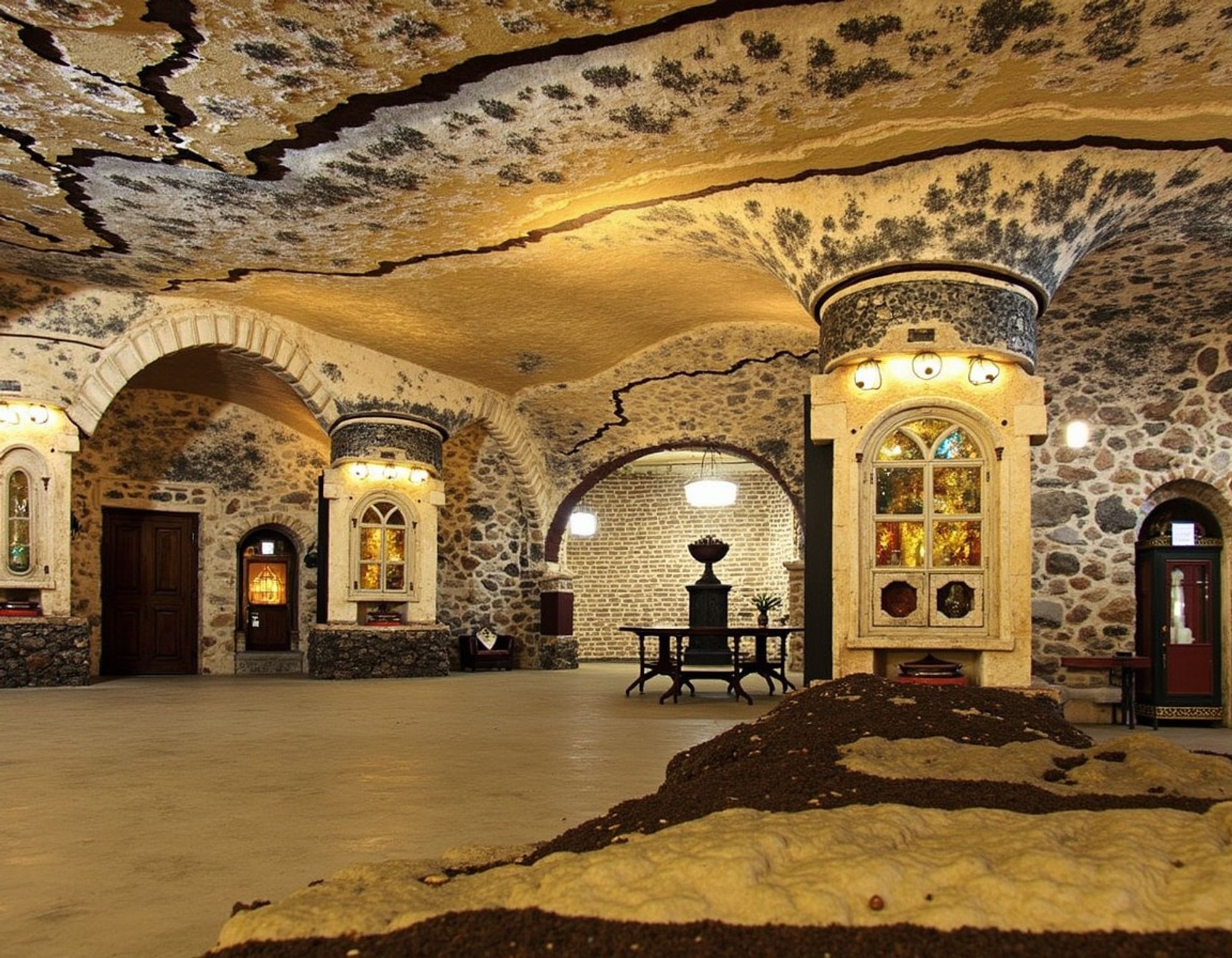 A spacious, rustic underground mall with stone walls, vaulted ceilings, and warm lighting, featuring small shops with arched doorways and stained glass windows in a cave-like, medieval design.