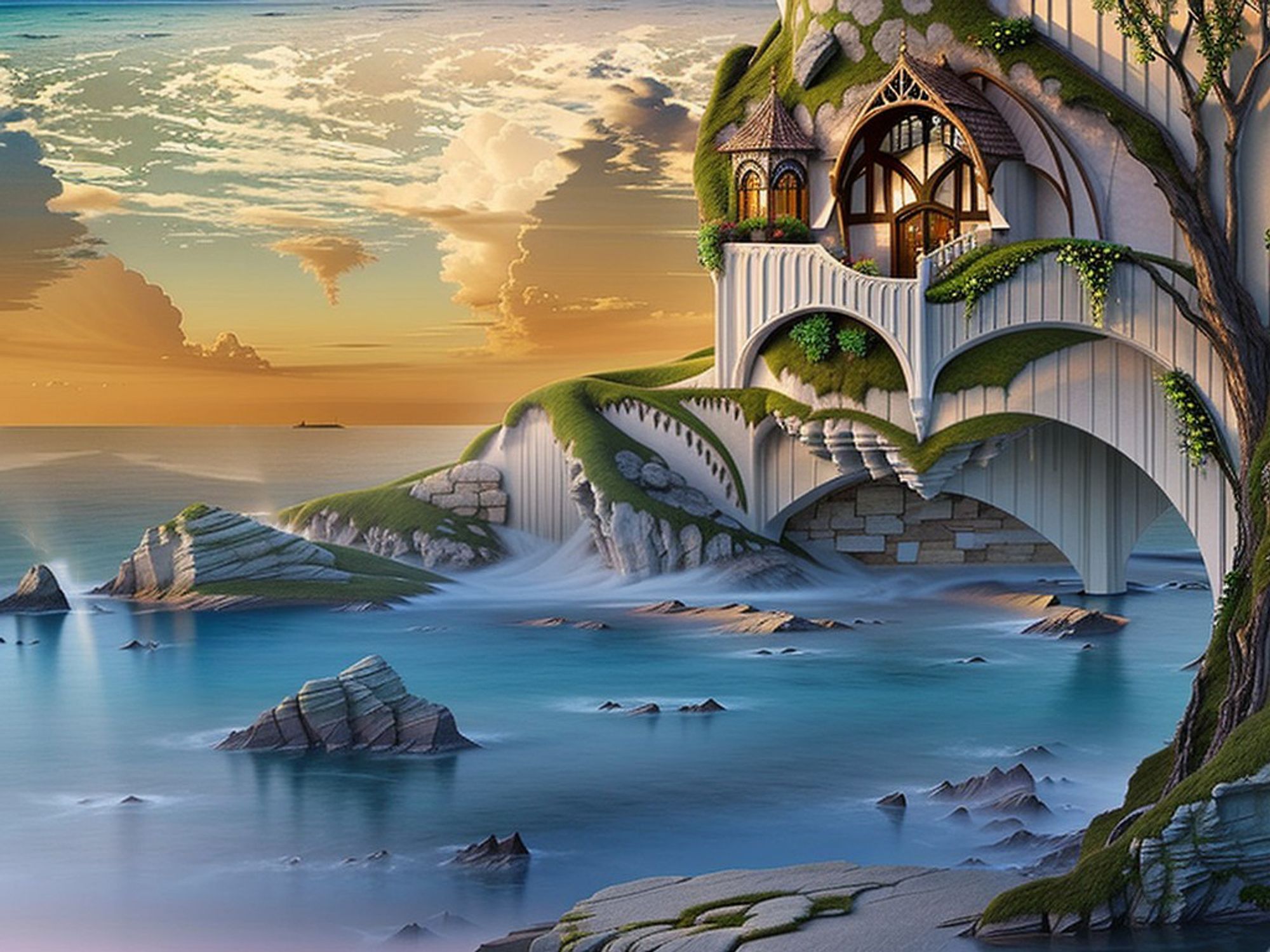 Close up, a fantasy cottage at sunset, built over the ocean, with unique curving design and carpeted with greenery and flowering vines. From a distance, the illusion of a nautilus pattern is visible.