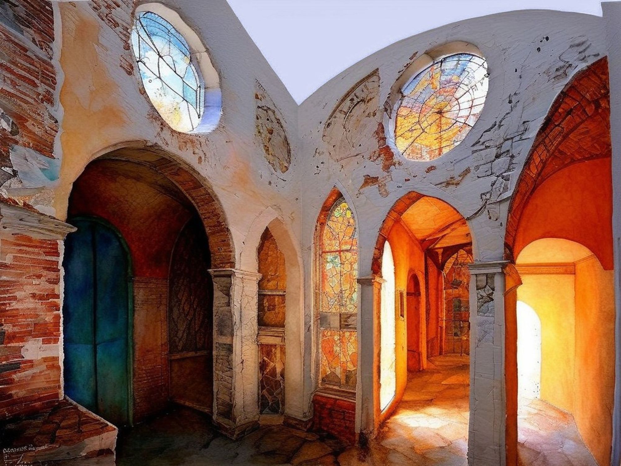 An ancient architectural interior featuring high round windows, arched doorways, and weathered walls. Intricate design details emphasize a mysterious origin.