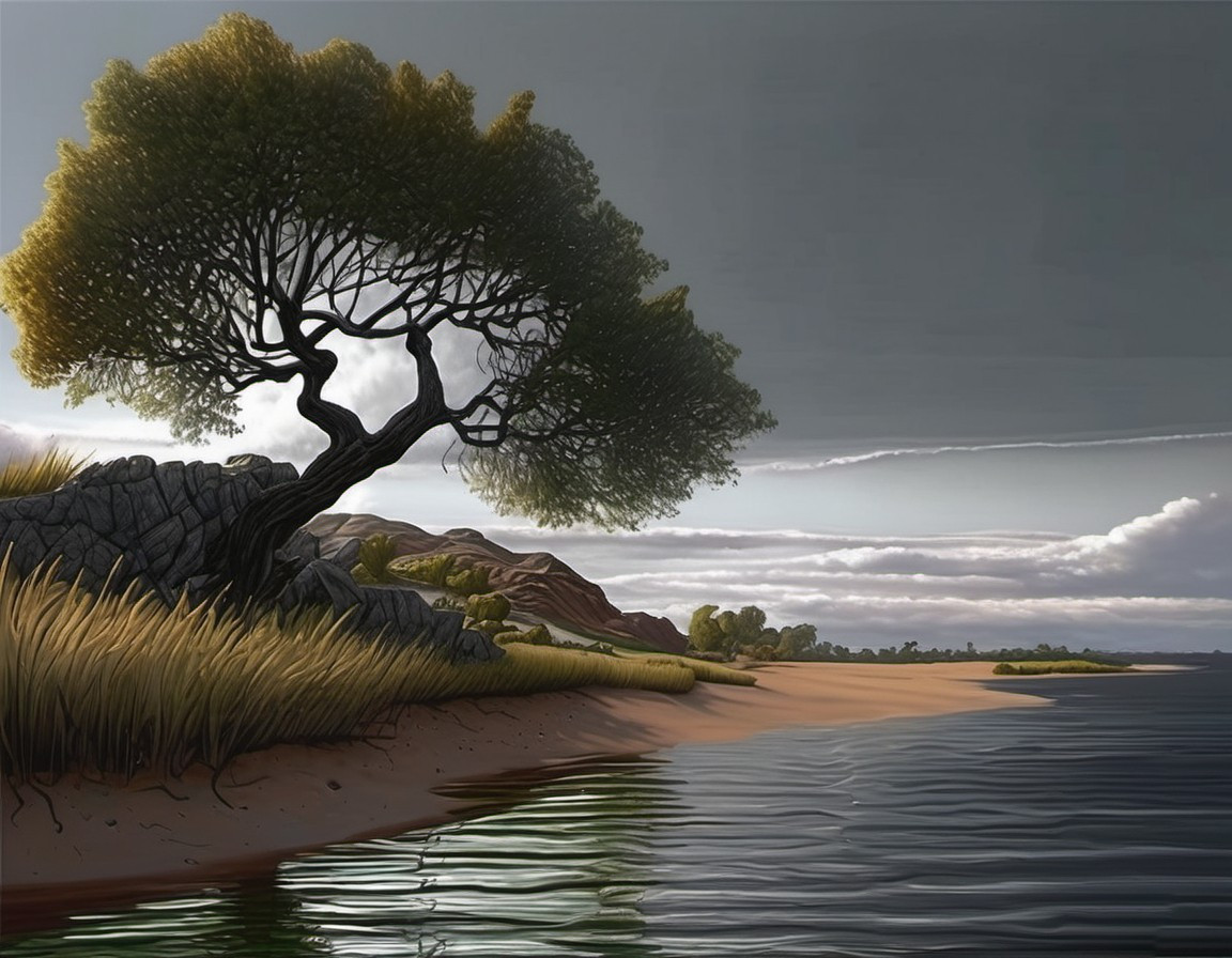 A solitary tree on a rocky outcrop overlooking a calm body of water. The contrasts of light and dark of a beach, grasses, and distant clouds gathering in the sky create drama.