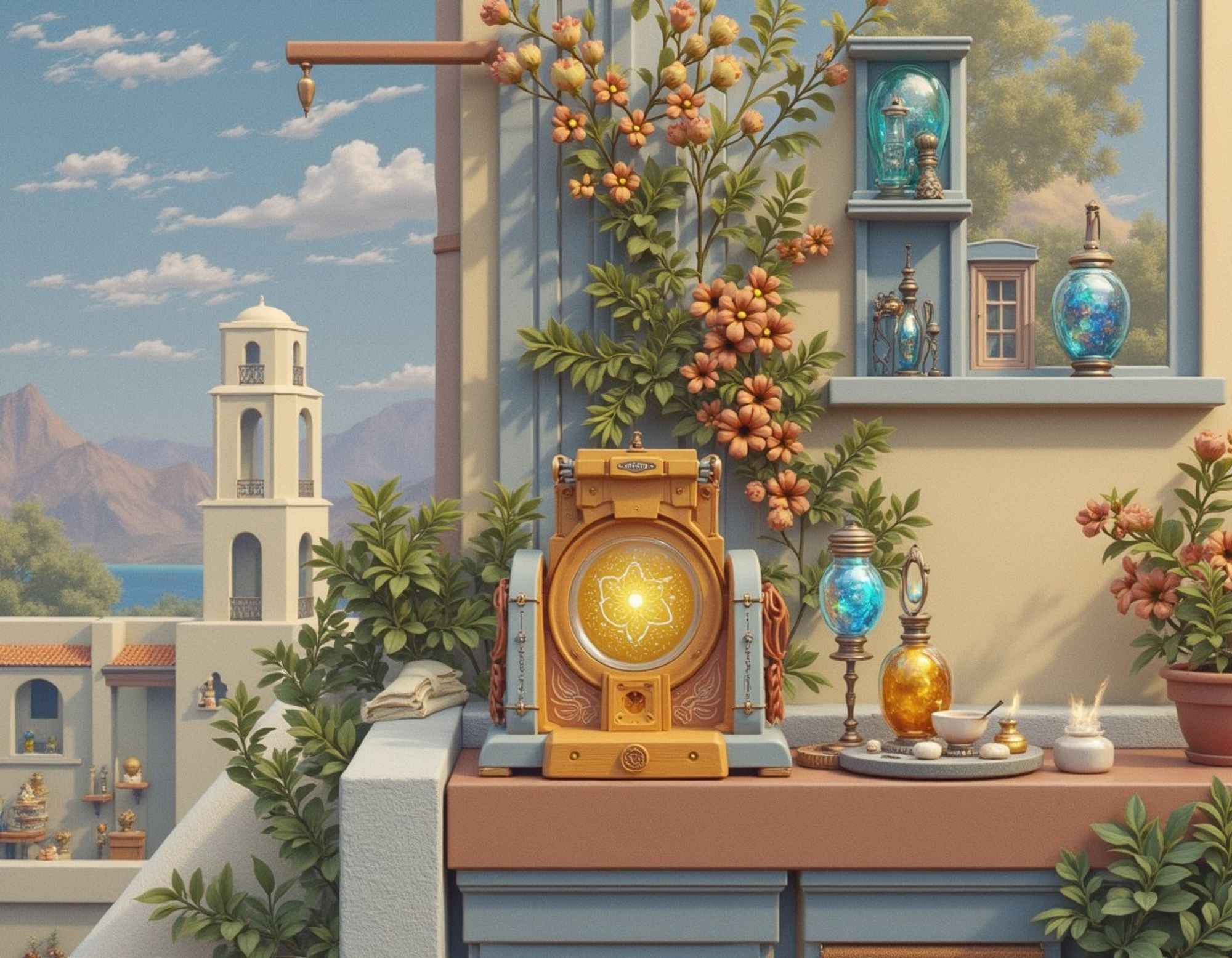 Whimsical kitchen corner with futuristic replicator mechanism in a vintage style, vibrant flowers, and ornate bottles on a Mediterranean terrace with a coastal view, in pastel colors and magical light.