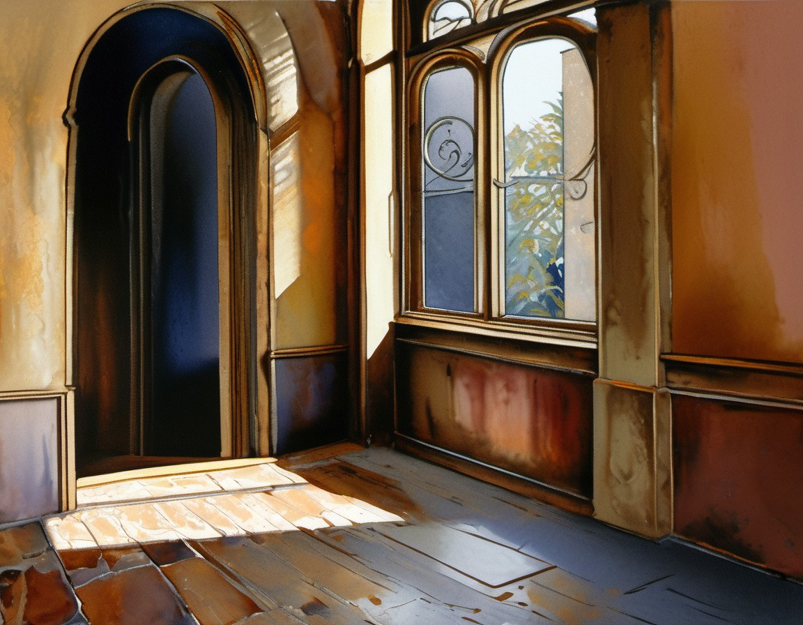 Interior room in a weathered mansion with an arched doorway leading to shadowed rooms, large windows, sunlight on an irregular tiled floor, and  a dreamy atmosphere with golden hues.