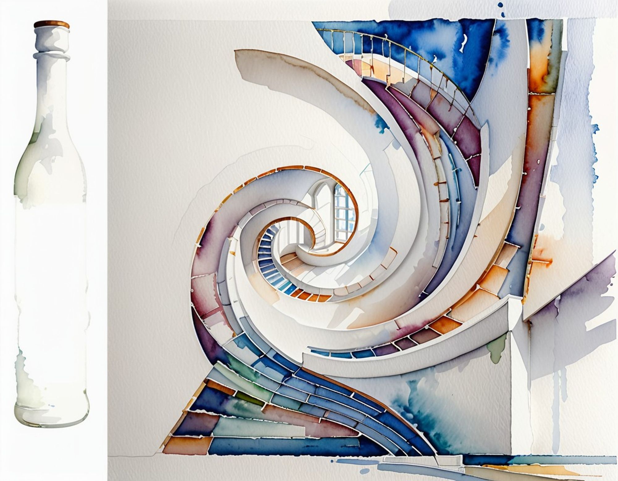 A surreal multicolored staircase spirals down to a multipaned arched window or door; a thin stripe of the image on the left side shows a narrow white bottle with a white and red stopper, with the label left entirely blank and the contents uncertain, as if an advertisement for a product yet to be created. Watercolor style.