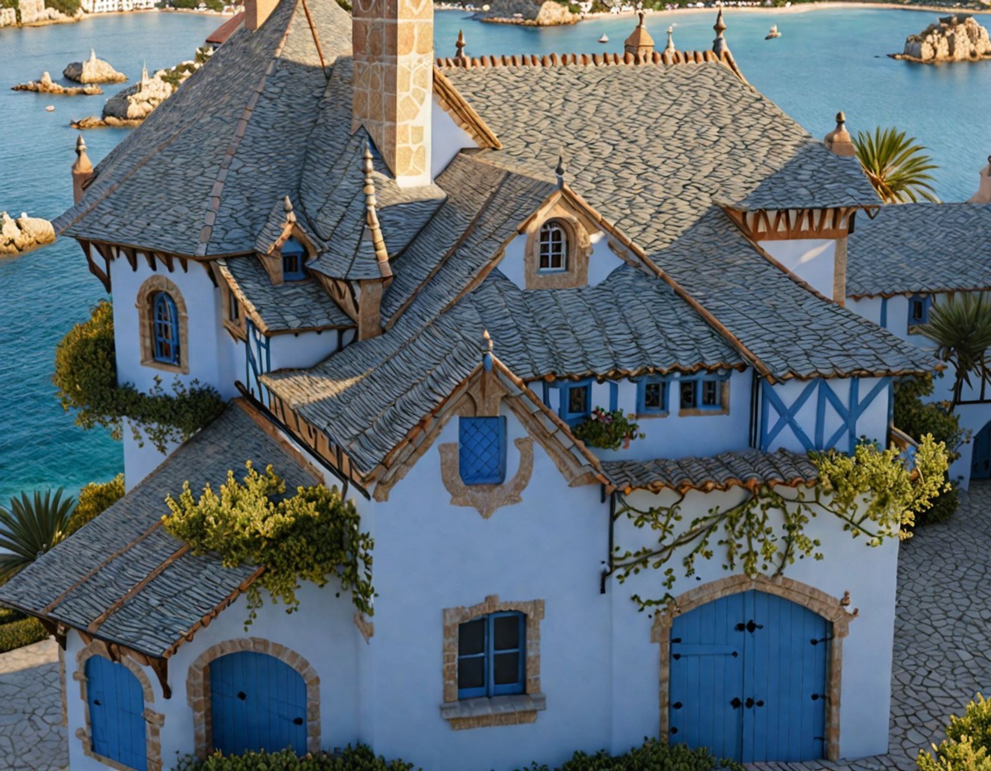 Quaint coastal inn with half-timbered design and blue doors and shutters, late afternoon light, by the sea.