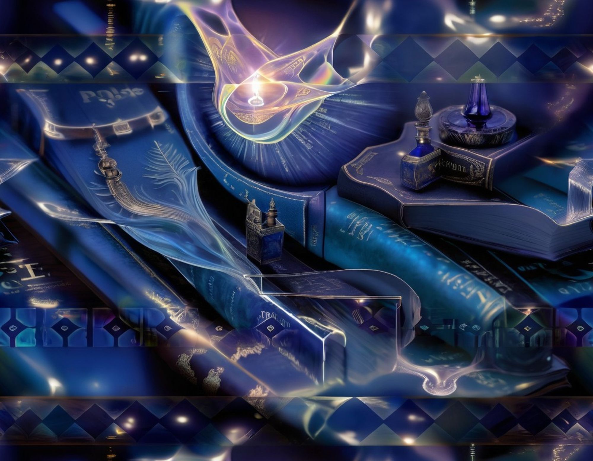 Abstract in smooth shiny deep blues, teals, and purples, a fusion of  enchanted books, potion bottles, symbols glowing with mystical energy, and ethereal light patterns.