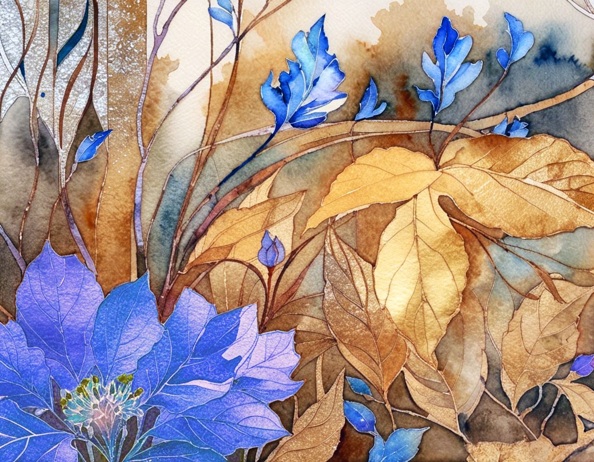 A large blue flower in the lower left corner anchors an abstract arrangement of blue and gold flowers and leaves in autumn tones. Watercolor style.