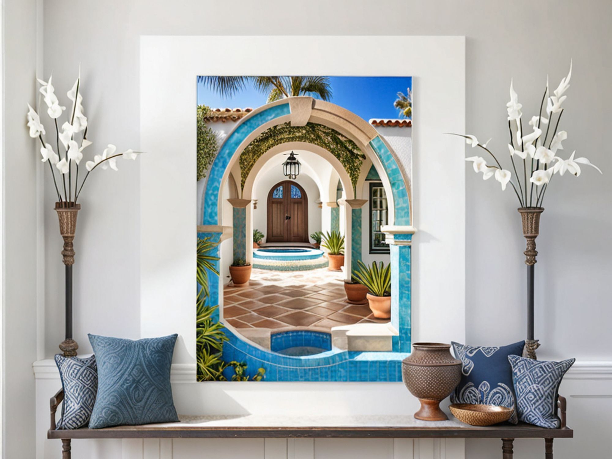 A plain room with a bench with pillows; flowers in tall pots flank a portal to a sunny world with an inviting stucco building with arches, green vines, and a wooden door.