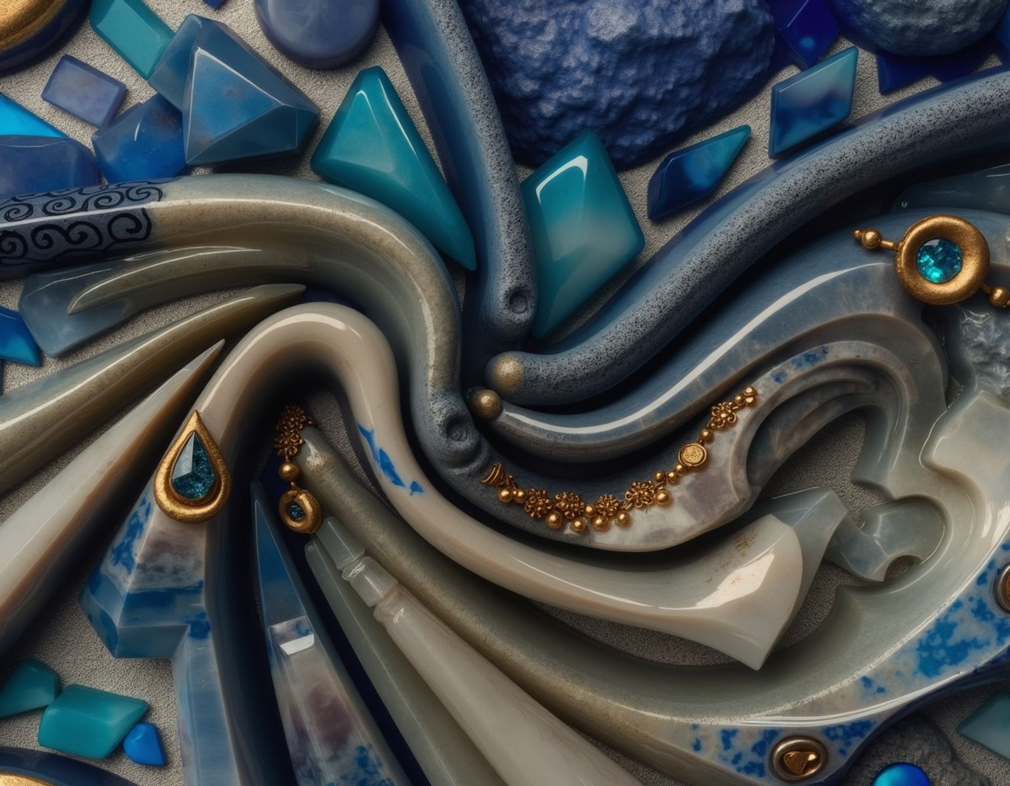 Various malleable, crystalline, gem, and mineral-like materials with metallic accents in an abstract flowing arrangement, in blue, teal, grey, beige tones, with polished surfaces and organic shapes in a sculptural design.