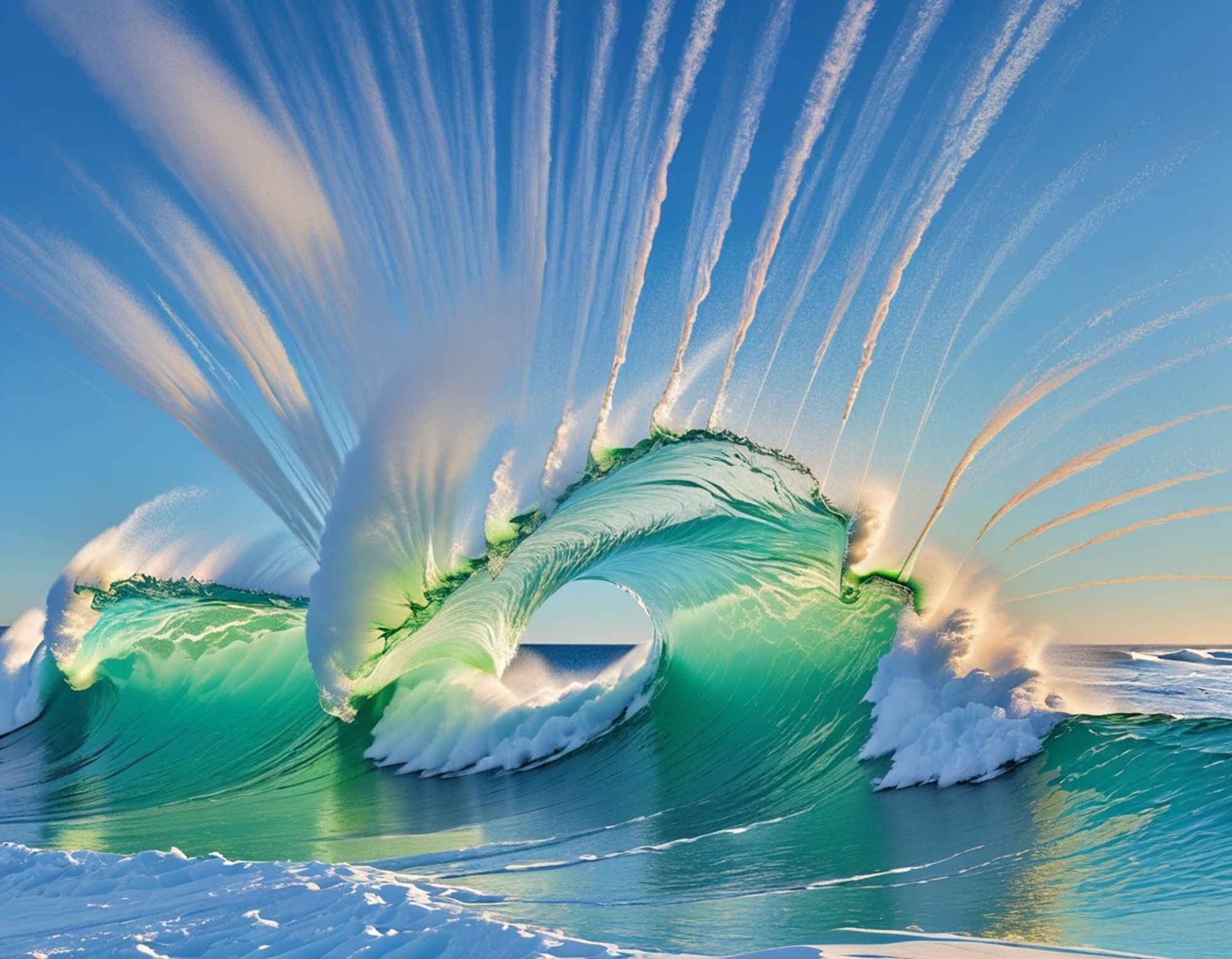 An impossible ocean wave with surreal water formations, vibrant colors, fluid motion, and dramatic spray against a blue sky, with sunlight refracting through the water.